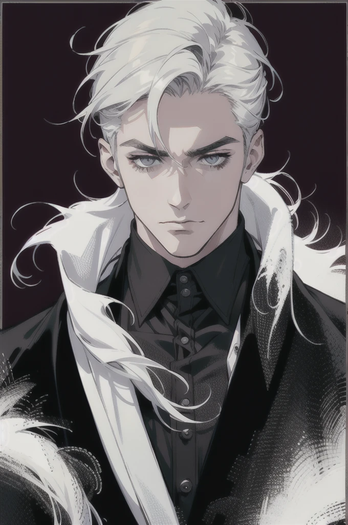 (masterpiece, best quality), (absurd res, high res, ultra detailed), 1 male, adult, handsome, tall muscular guy, broad shoulders, white hair, finely detailed eyes, portrait, looking at viewer, solo, half shot, detailed background, detailed face, (gothic), smirk, vampire, dark leather, high fantasy,, stealth, undercover, (crates in background), shadows, fog, (dutch angle), closed mouth, full body