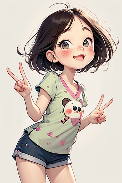 watercolor painting，Chibi A cartoon young girl wearing a pink v-neck shirt and white shorts, big smile with teeth, large cute eyes, (👌🏻 with fingers), cute digital painting, cute digital art, Lovely and detailed digital art, cute portrait, cartoon art style, Super cute and stylish black-haired girl, kawaii realistic portrait, Cute cartoon style, (((chibi))) beautiful art, Realistic cute girl