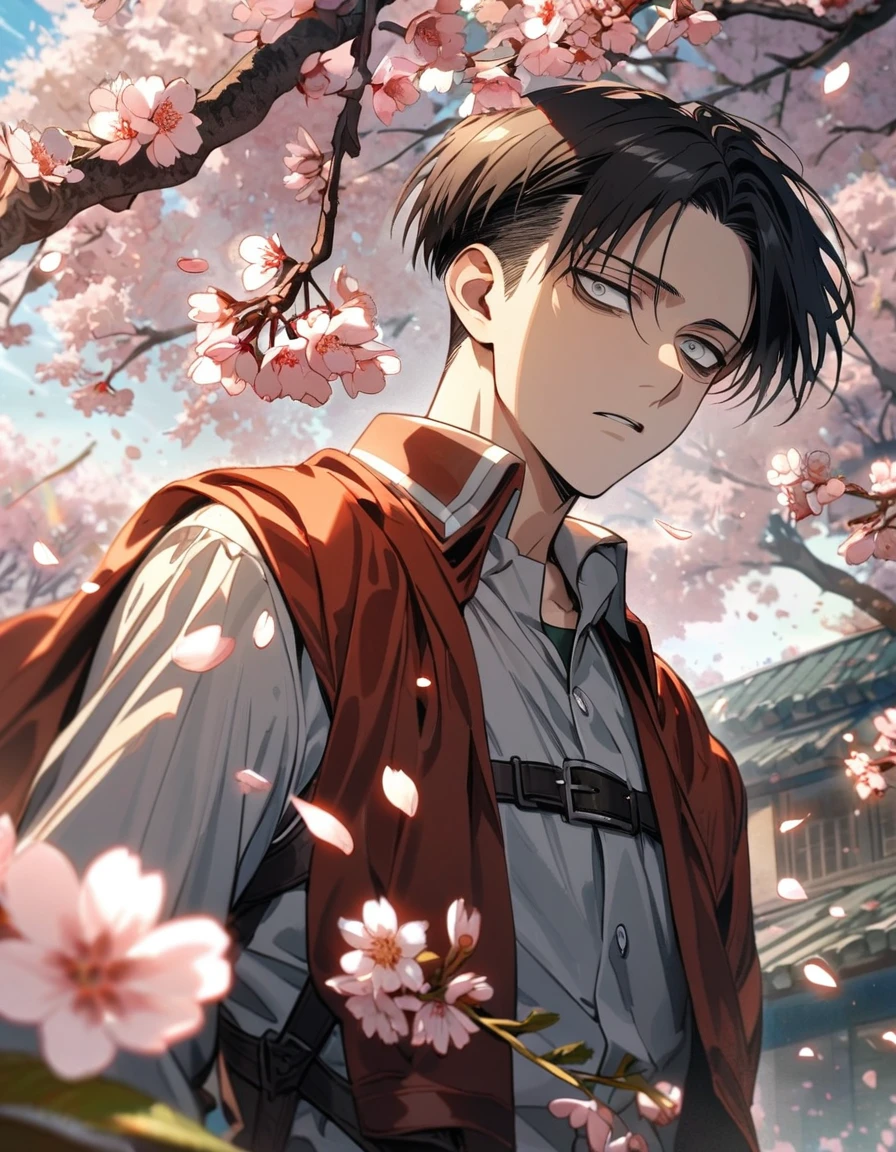 Ultra detailed, HDR, Highres, absurdres, master piece, Levi Ackerman, black hair, expressive grey eyes, Shingeki No Kyojin, blossoms, petals, basketball uniform, spring, cherry blossoms, sexy man, solo, extremely detailed face and eyes, handsome, dark circles under the eyes,