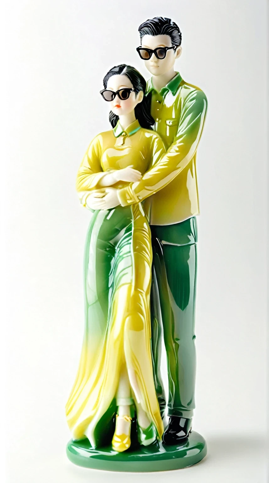 Art jade doll,
Kpop couple in love, a man with black hair and sunglasses wearing a green shirt hugging a woman from behind, in the porcelain figurine style, white background, a green and yellow color theme, a romantic scene, high detail, hyper realistic