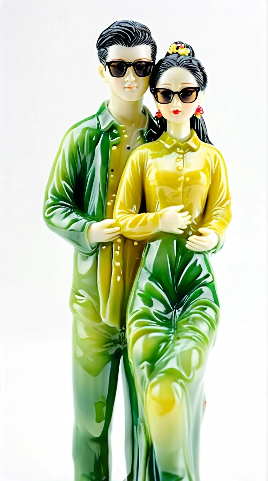 Art  jade doll，
Kpop couple in love, a man with black hair and sunglasses wearing a green shirt hugging a woman from behind, in the porcelain figurine style, white background, a green and yellow color theme, a romantic scene, high detail, hyper realistic
