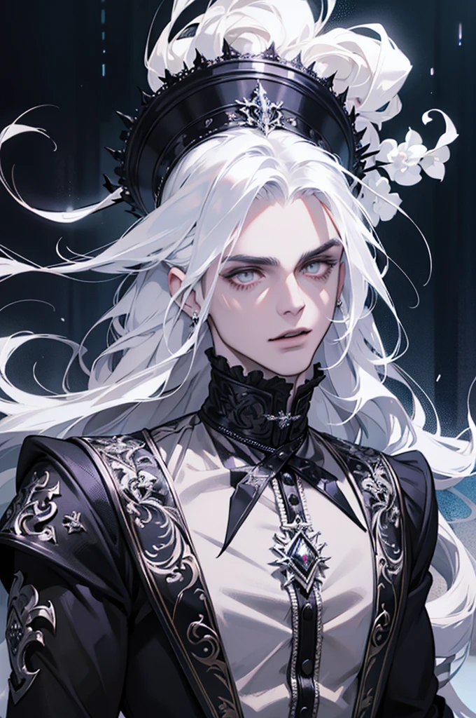 Insanely detailed photograph of a gorgeous vampire man, goth Renaissance, long voluminous white hair, intricate white  eyes, fantastical, vampire, ethereal, hyperdetailed, 32k resolution, dynamic lighting, hyperdetailed, intricately detailed, trending on Artstation, triadic colors, volumetric lighting, BalenciagaStyle, 1 male