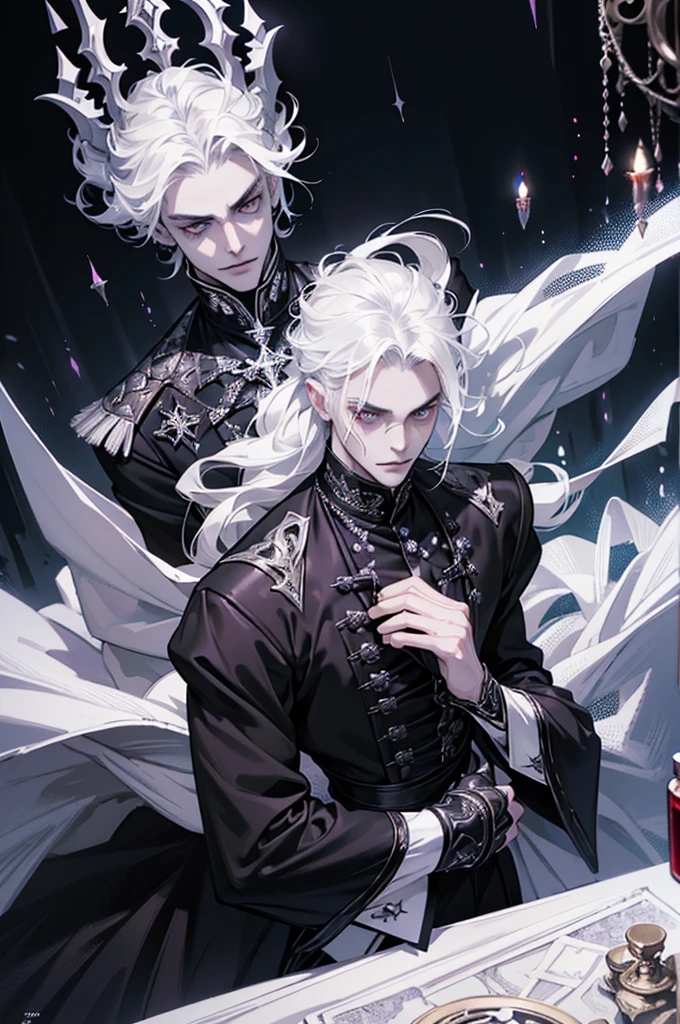 Insanely detailed photograph of a gorgeous vampire man, goth Renaissance, long voluminous white hair, intricate white eyes, fantastical, vampire, ethereal, hyperdetailed, 32k resolution, dynamic lighting, hyperdetailed, intricately detailed, trending on Artstation, triadic colors, volumetric lighting, BalenciagaStyle, 1 male