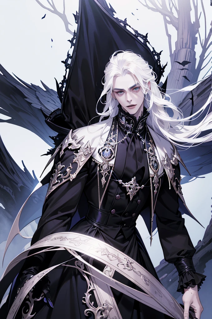 Insanely detailed photograph of a gorgeous vampire man, goth Renaissance, long voluminous white hair, intricate white  eyes, fantastical, vampire, ethereal, hyperdetailed, 32k resolution, dynamic lighting, hyperdetailed, intricately detailed, trending on Artstation, triadic colors, volumetric lighting, BalenciagaStyle, 1 male