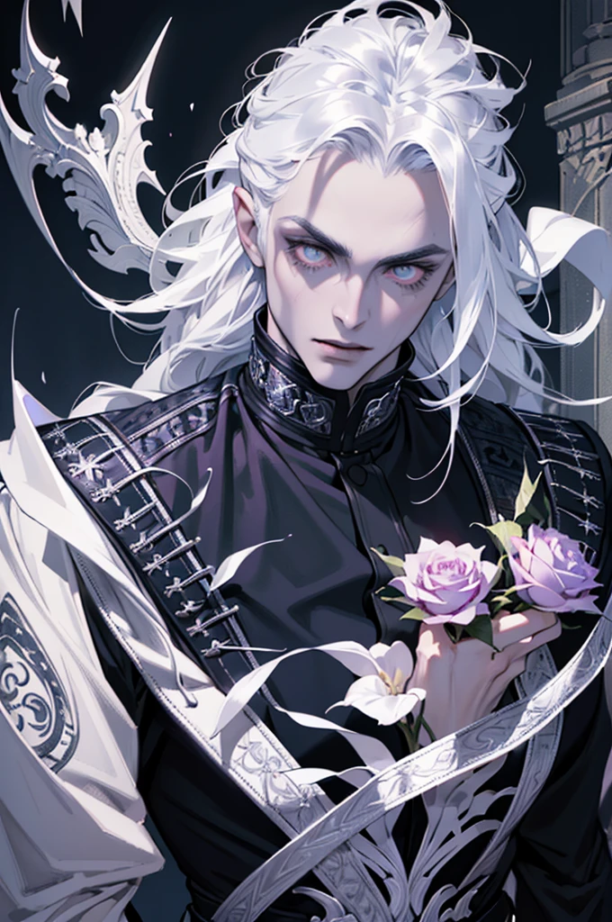 Insanely detailed photograph of a gorgeous vampire man, goth Renaissance, long voluminous white hair, intricate white eyes, fantastical, vampire, ethereal, hyperdetailed, 32k resolution, dynamic lighting, hyperdetailed, intricately detailed, trending on Artstation, triadic colors, volumetric lighting, BalenciagaStyle, 1 male