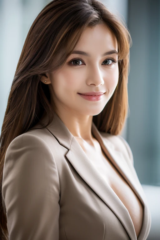 whole body, highest quality, Realistic, Very detailed, finely, High resolution, 8k wallpaper, One beautiful woman,, Light brown messy hair, Wear a business suit, Sharp focus, Perfect dynamic composition, Beautiful and detailed, Thinning hair, Detailed Realistic skin texture, smile, Close-up portrait, Model Body Type,Cleavage、Muscular and long beautiful legs、Beautiful legs、Super mini tight skirt