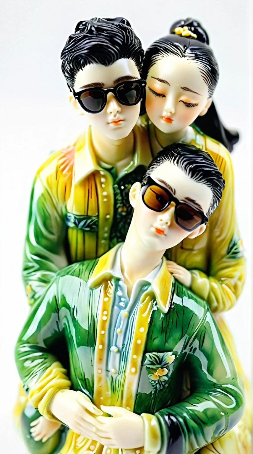 Art  jade doll，
Kpop couple in love, a man with black hair and sunglasses wearing a green shirt hugging a woman from behind, in the porcelain figurine style, white background, a green and yellow color theme, a romantic scene, high detail, hyper realistic
