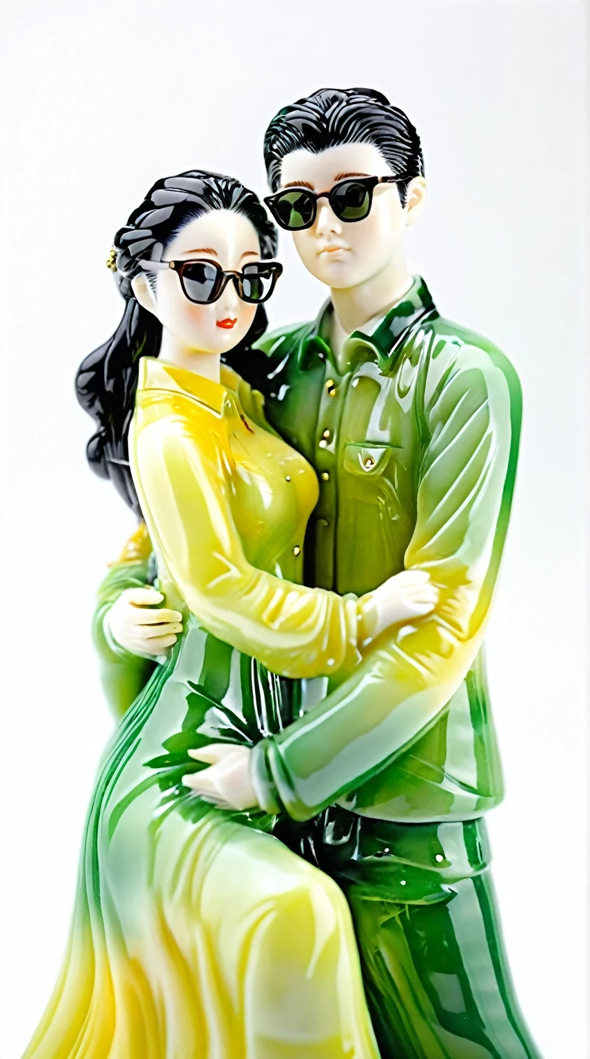 Art jade doll,
Kpop couple in love, a man with black hair and sunglasses wearing a green shirt hugging a woman from behind, in the porcelain figurine style, white background, a green and yellow color theme, a romantic scene, high detail, hyper realistic
