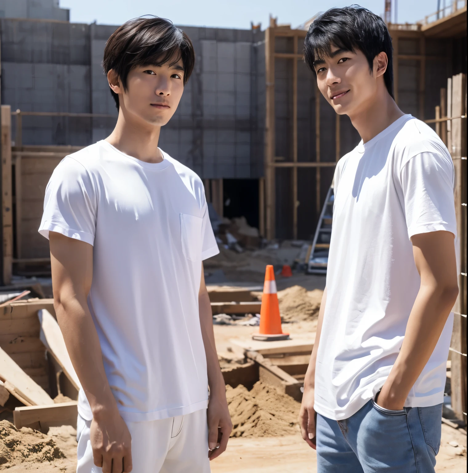 high resolution、８K、Two Japanese men standing side by side at a construction site、Wearing a white T-shirt、＜Man on the left、23 years old、good looking、Wild＞、＜Man on the right、23 years old、good looking、Cute＞