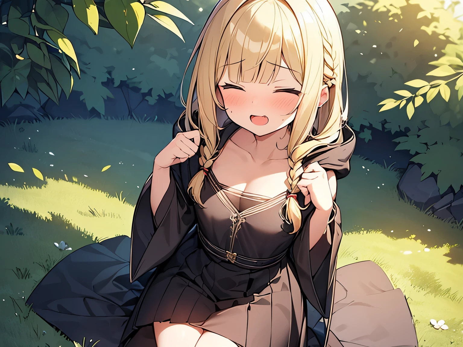 Masterpiece, Top quality, (1 beautiful girl), junior high school student, Blonde, short Hair, Braided hair, wavy Hair, blunt bangs, standard weight, (very flat chest):1.6, cleavage, (very large dark sorceress long robe with hood):1.3, pleated skirt, (sexual climax):1.2, nose blush, open mouth, closed eyes, saliva, sitting on the ground, beautiful scene of outdoors, cowboy shot, from above