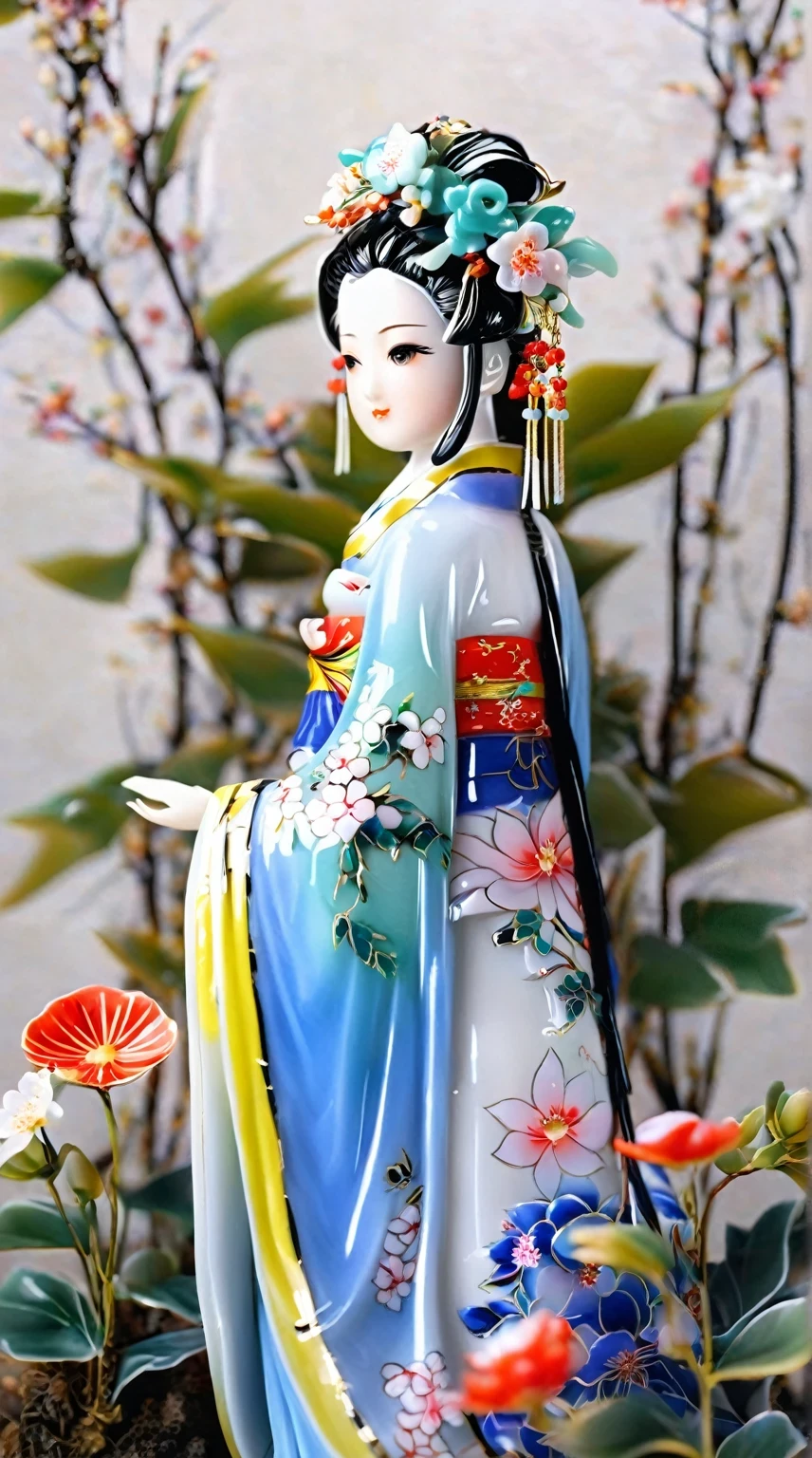 Art jade doll,
A colorful Chinese style figure porcelain model, wearing blue and white Hanfu with flowers in her hair, stands among the plants and flowers. The background of the scene has been removed. It has an anime aesthetic and features high-definition photography quality. Her skin tone is soft, and she looks up from behind in the style of anime.