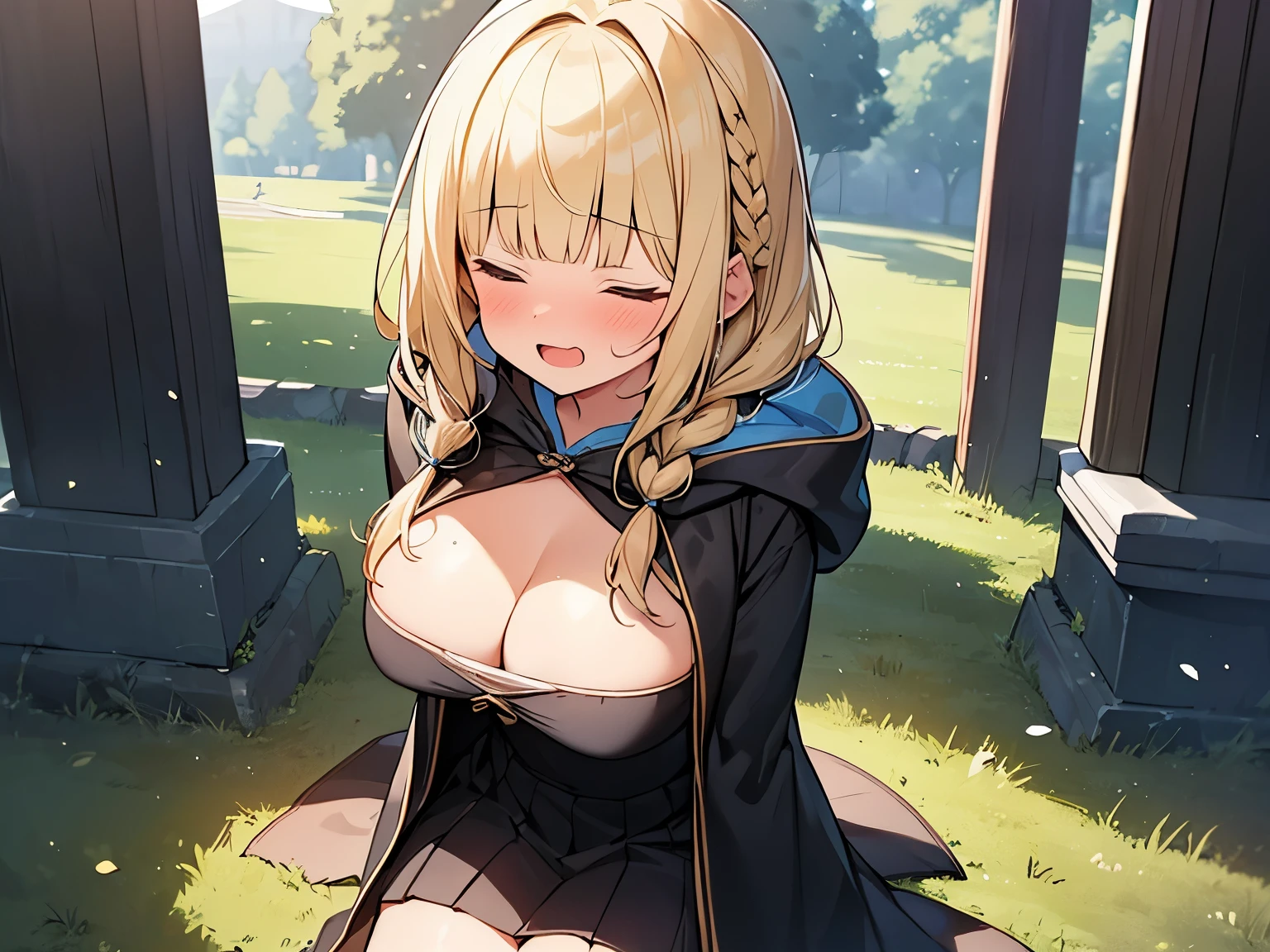 Masterpiece, Top quality, (1 beautiful girl), junior high school student, Blonde, short Hair, Braided hair, wavy Hair, blunt bangs, standard weight, (very flat chest):1.6, cleavage, (very large dark sorceress long robe with hood):1.3, pleated skirt, (sexual climax):1.2, nose blush, open mouth, closed eyes, saliva, sitting on the ground, beautiful scene of outdoors, cowboy shot, from above