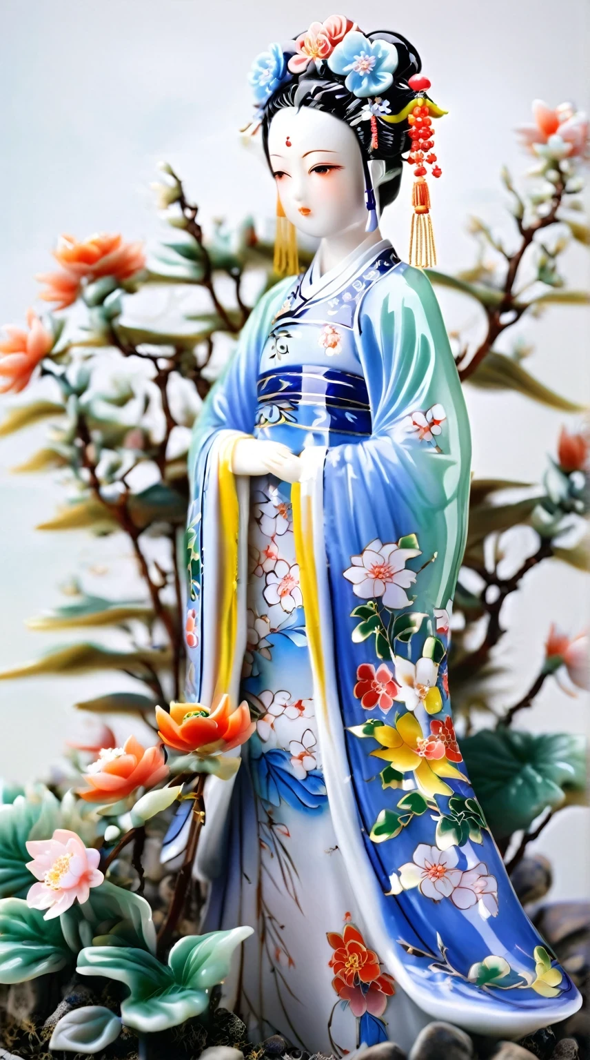 Art  jade doll，
A colorful Chinese style figure porcelain model, wearing blue and white Hanfu with flowers in her hair, stands among the plants and flowers. The background of the scene has been removed. It has an anime aesthetic and features high-definition photography quality. Her skin tone is soft, and she looks up from behind in the style of anime.
