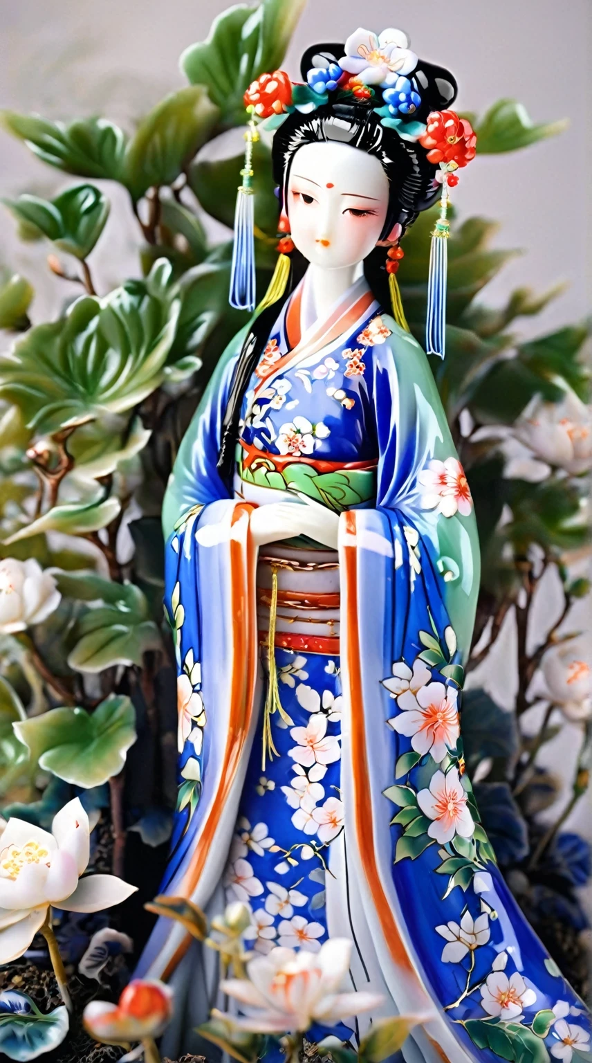 Art  jade doll，
A colorful Chinese style figure porcelain model, wearing blue and white Hanfu with flowers in her hair, stands among the plants and flowers. The background of the scene has been removed. It has an anime aesthetic and features high-definition photography quality. Her skin tone is soft, and she looks up from behind in the style of anime.
