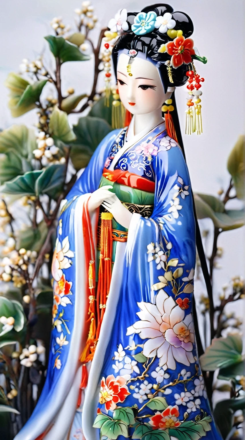 Art jade doll,
A colorful Chinese style figure porcelain model, wearing blue and white Hanfu with flowers in her hair, stands among the plants and flowers. The background of the scene has been removed. It has an anime aesthetic and features high-definition photography quality. Her skin tone is soft, and she looks up from behind in the style of anime.