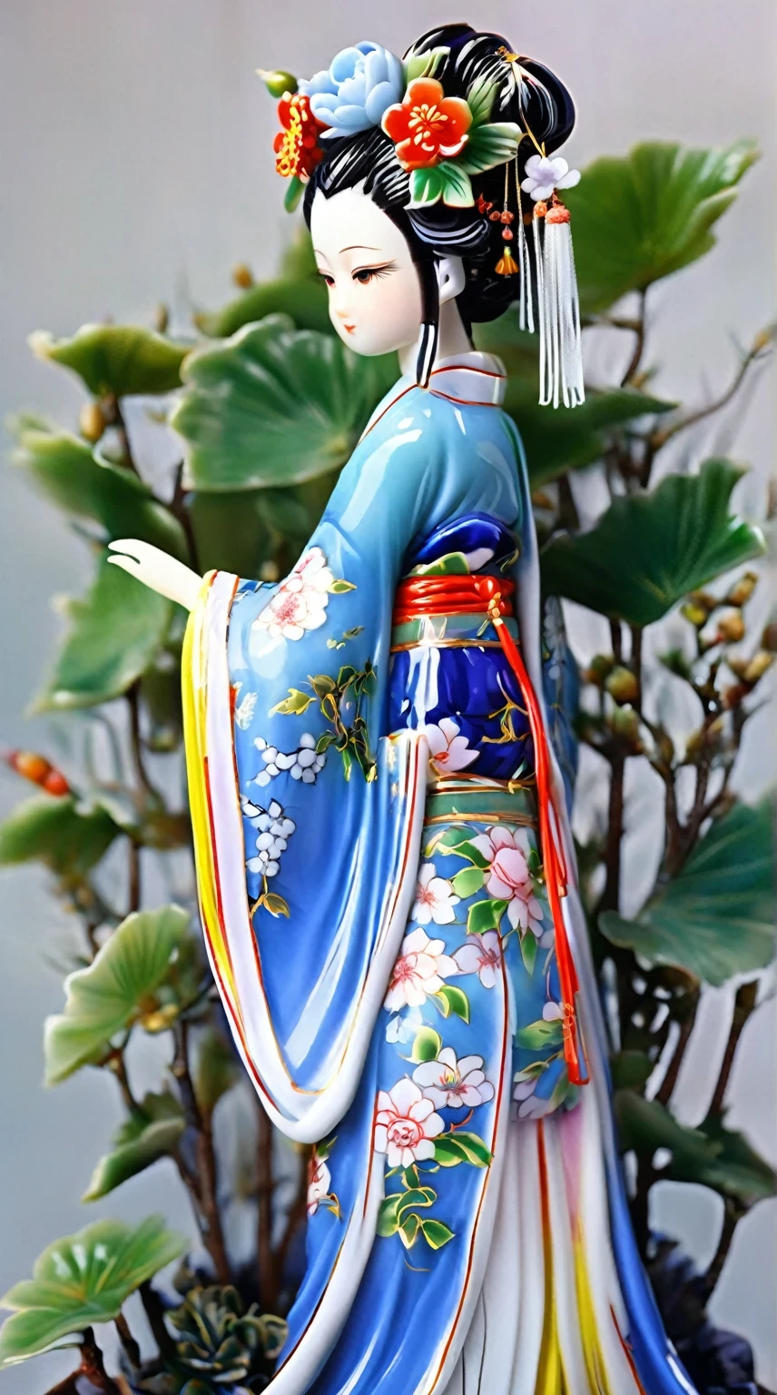 Art  jade doll，
A colorful Chinese style figure porcelain model, wearing blue and white Hanfu with flowers in her hair, stands among the plants and flowers. The background of the scene has been removed. It has an anime aesthetic and features high-definition photography quality. Her skin tone is soft, and she looks up from behind in the style of anime.
