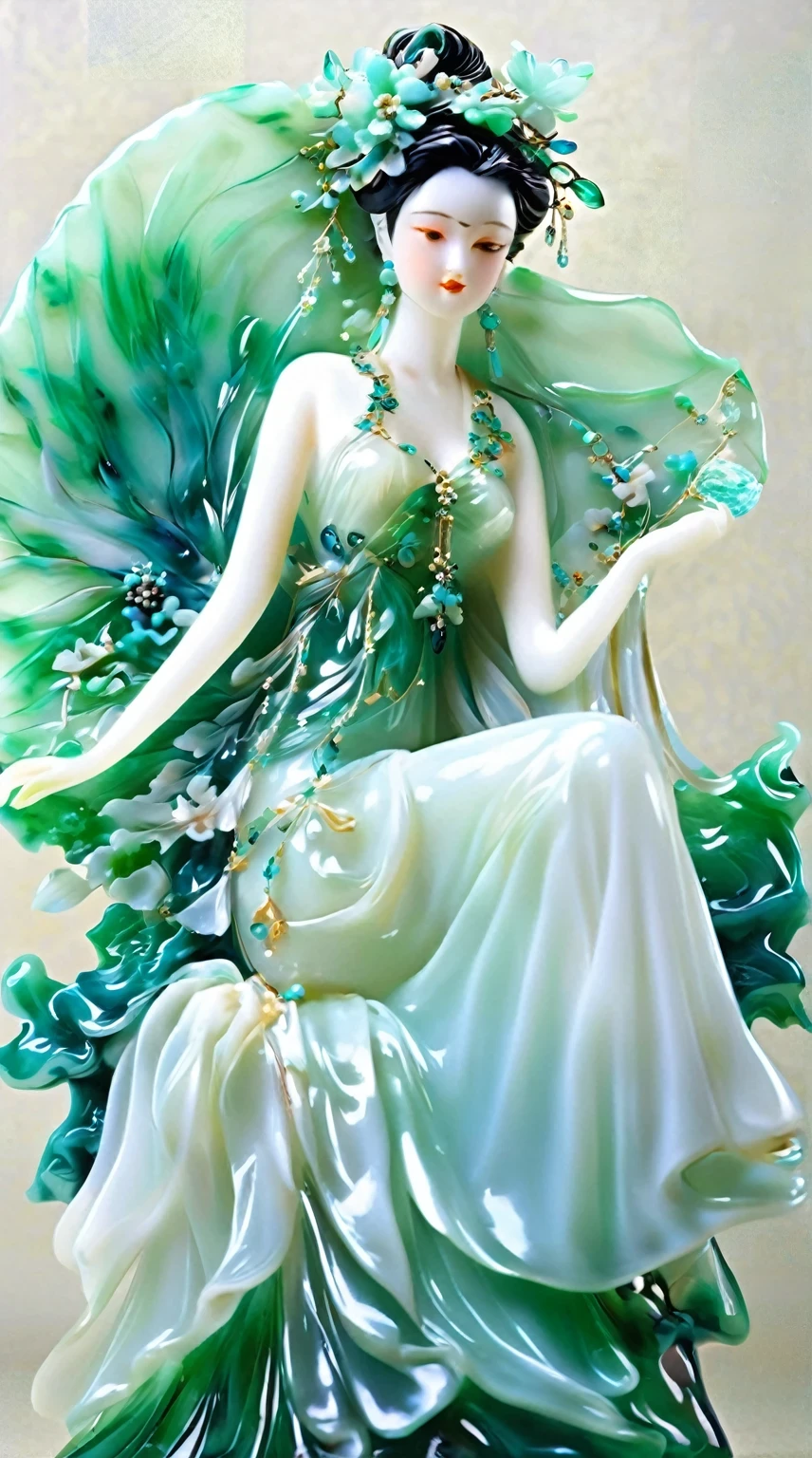 Art jade doll,
An elegant and ethereal glass fairy, adorned with enriched details of emerald green and aquamarine hues, wearing an extra white gown that flows gracefully around her form. She is captured in the mixed up of Midm clothing grade, , captured by the best camera on Eau" The artwork includes a capturing blend of elegance and enhancement, showcasing equity craftsmanship.
