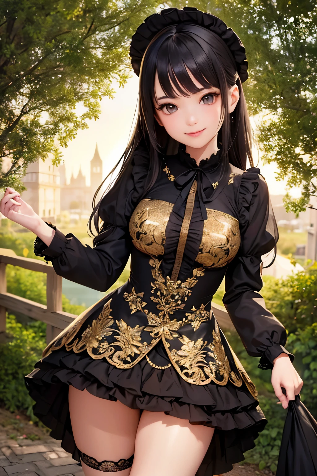very cute and beautiful girl,(highly detailed beautiful face and eyes),(smile:1.2),
black hair,looking at viewer,standing,elegant pose,beautiful legs,cowboy shot,
floral pattern brown lolita dress with detailed frills, flower garden,elegant wooden arbor,shrubbery,
(best quality,masterpiece),absurdres,highres,ultra-detailed,extremely detailed,32k,8k resolution,
intricate details,cinematic scene,detailed background,solo,dynamic angle,perfect hands,