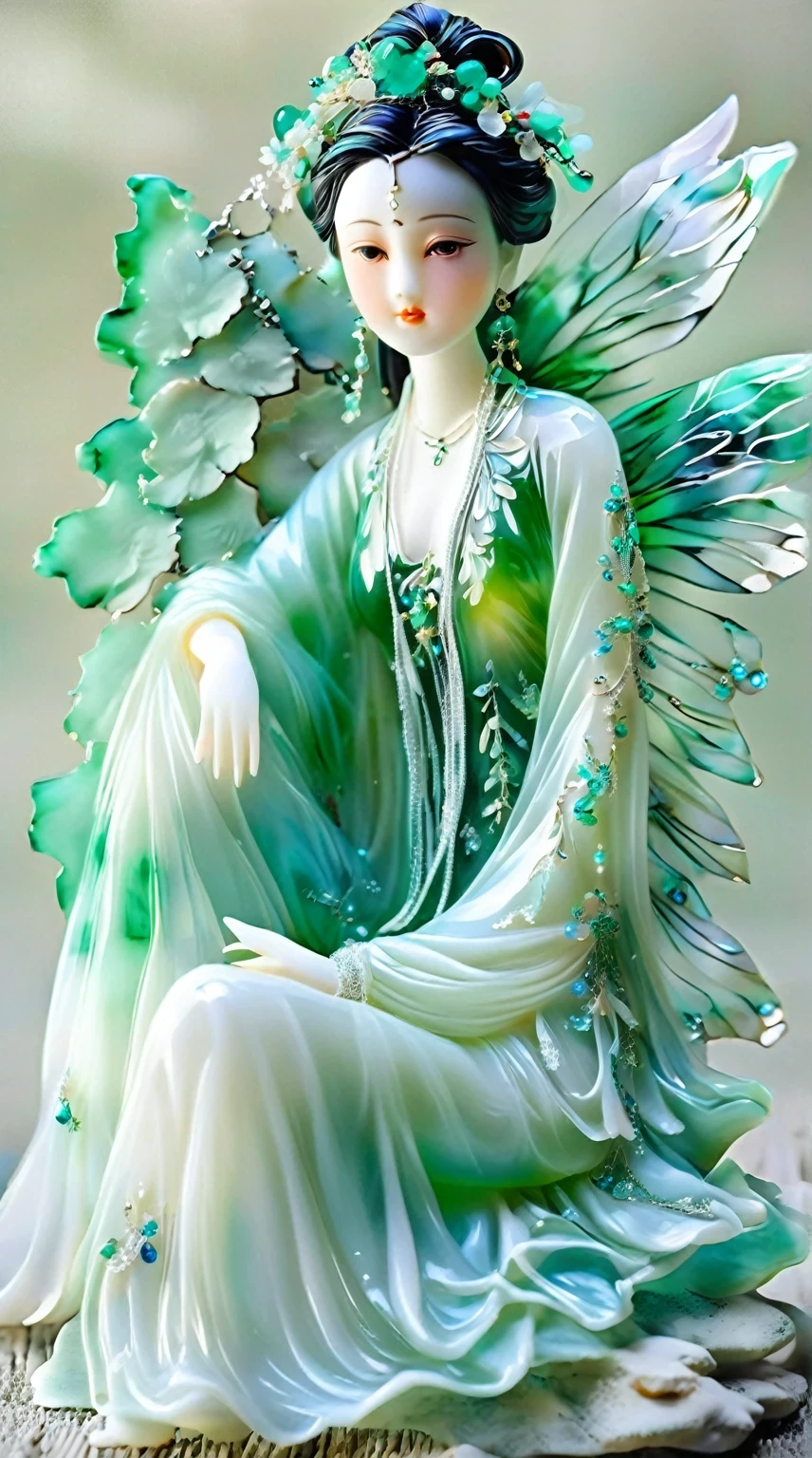 Art  jade doll，
An elegant and ethereal glass fairy, adorned with enriched details of emerald green and aquamarine hues, wearing an extra white gown that flows gracefully around her form. She is captured in the mixed up of Midm clothing grade, , captured by the best camera on Eau" The artwork includes a capturing blend of elegance and enhancement, showcasing equity craftsmanship. 
