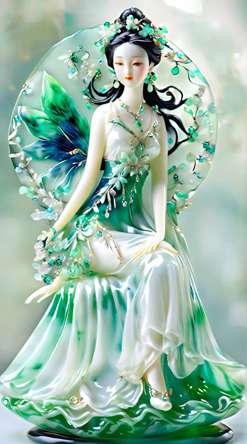 Art jade doll,
An elegant and ethereal glass fairy, adorned with enriched details of emerald green and aquamarine hues, wearing an extra white gown that flows gracefully around her form. She is captured in the mixed up of Midm clothing grade, , captured by the best camera on Eau" The artwork includes a capturing blend of elegance and enhancement, showcasing equity craftsmanship.