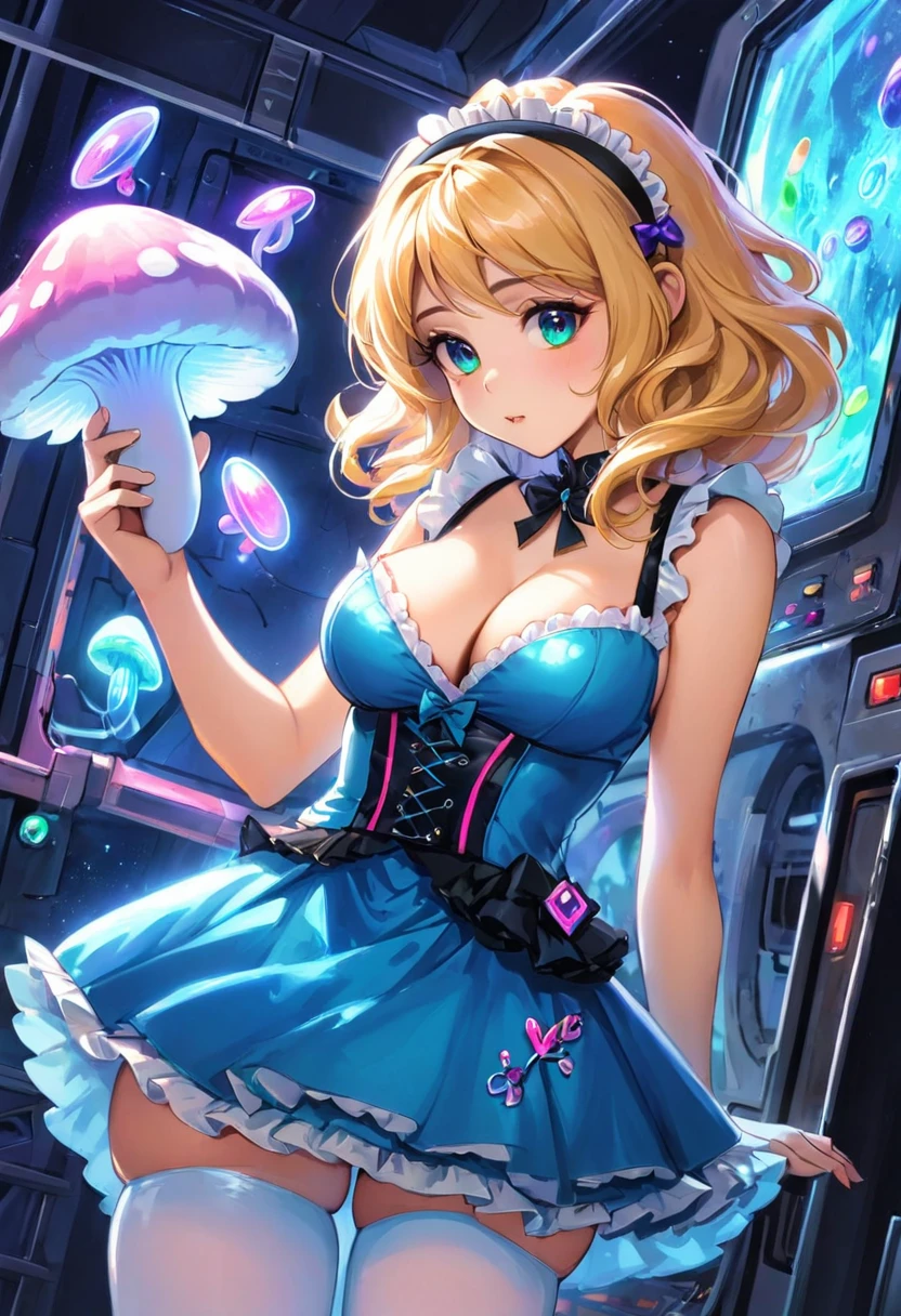 a beautiful 20 year old blonde woman with big messy hair in a blue dress, white stockings, black headband, cleavage, holding a glowing mushroom, fantasy art style, rossdraws cartoon vibrant, alice x. zhang, alice in wonderland cyberpunk, cute detailed digital art, colorfull digital fantasy art, digital fantasy art ), glossy digital painting, rossdraws pastel vibrant, rossdraws 2. 5, rossdraws 1. 0