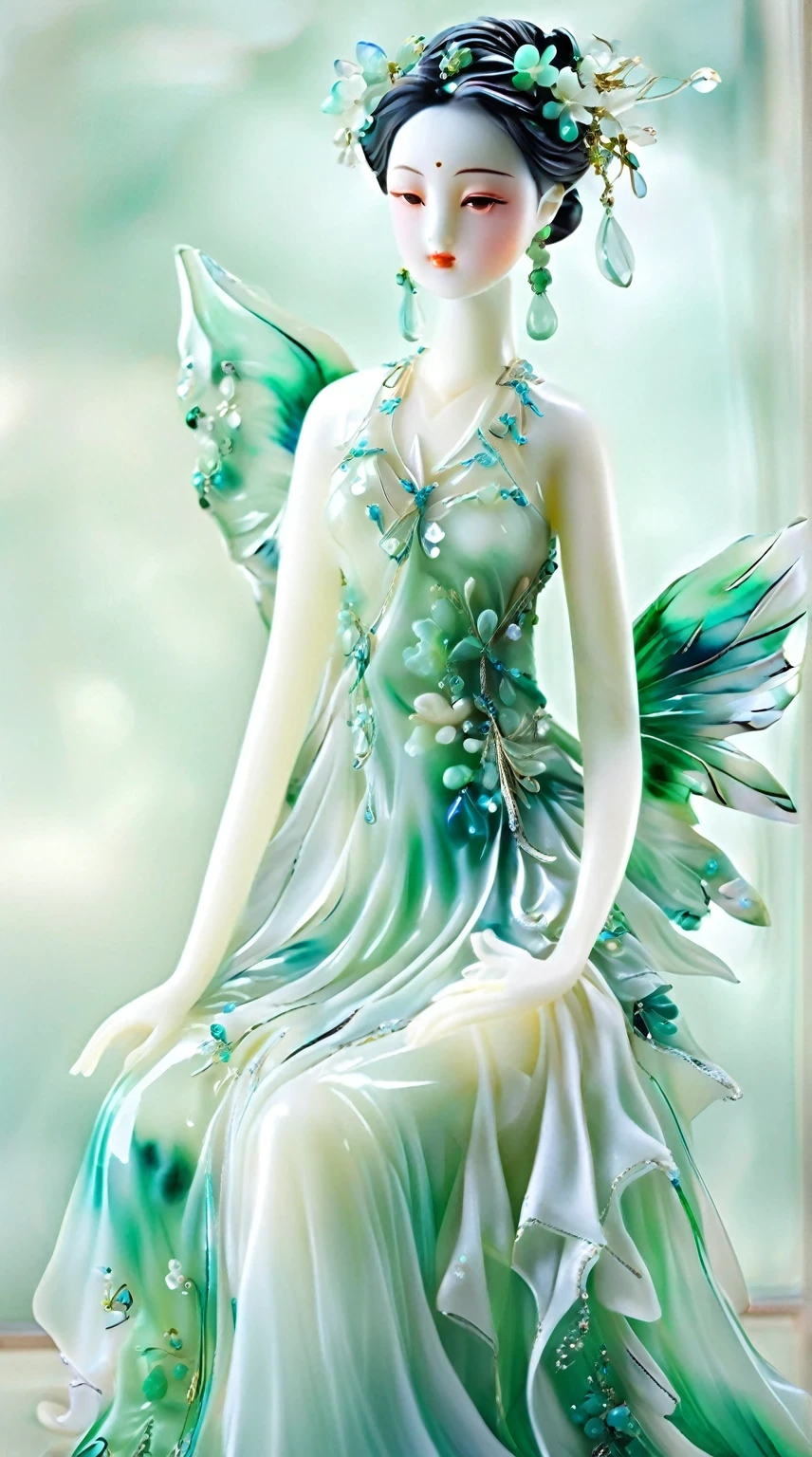 Art  jade doll，
An elegant and ethereal glass fairy, adorned with enriched details of emerald green and aquamarine hues, wearing an extra white gown that flows gracefully around her form. She is captured in the mixed up of Midm clothing grade, , captured by the best camera on Eau" The artwork includes a capturing blend of elegance and enhancement, showcasing equity craftsmanship. 
