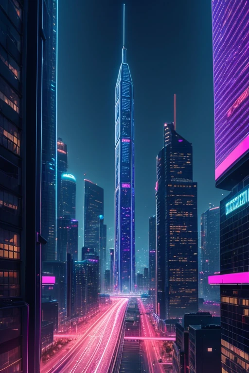 Night City, High-tech skyscrapers, Future Transportation Systems, Technology-driven society, Neon Light, Holographic Display, Vibrant atmosphere, Vibrant colors, Advanced AI system,Efficient public transport, Vast Skyline, Innovative urban planning,