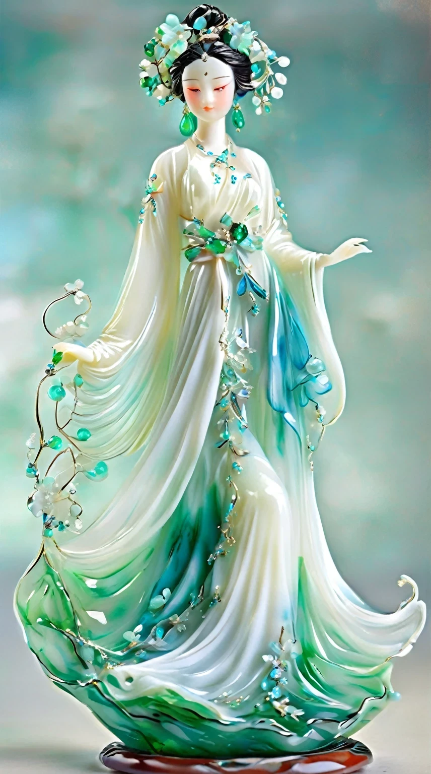 Art  jade doll，
An elegant and ethereal glass fairy, adorned with enriched details of emerald green and aquamarine hues, wearing an extra white gown that flows gracefully around her form. She is captured in the mixed up of Midm clothing grade, , captured by the best camera on Eau" The artwork includes a capturing blend of elegance and enhancement, showcasing equity craftsmanship. 
