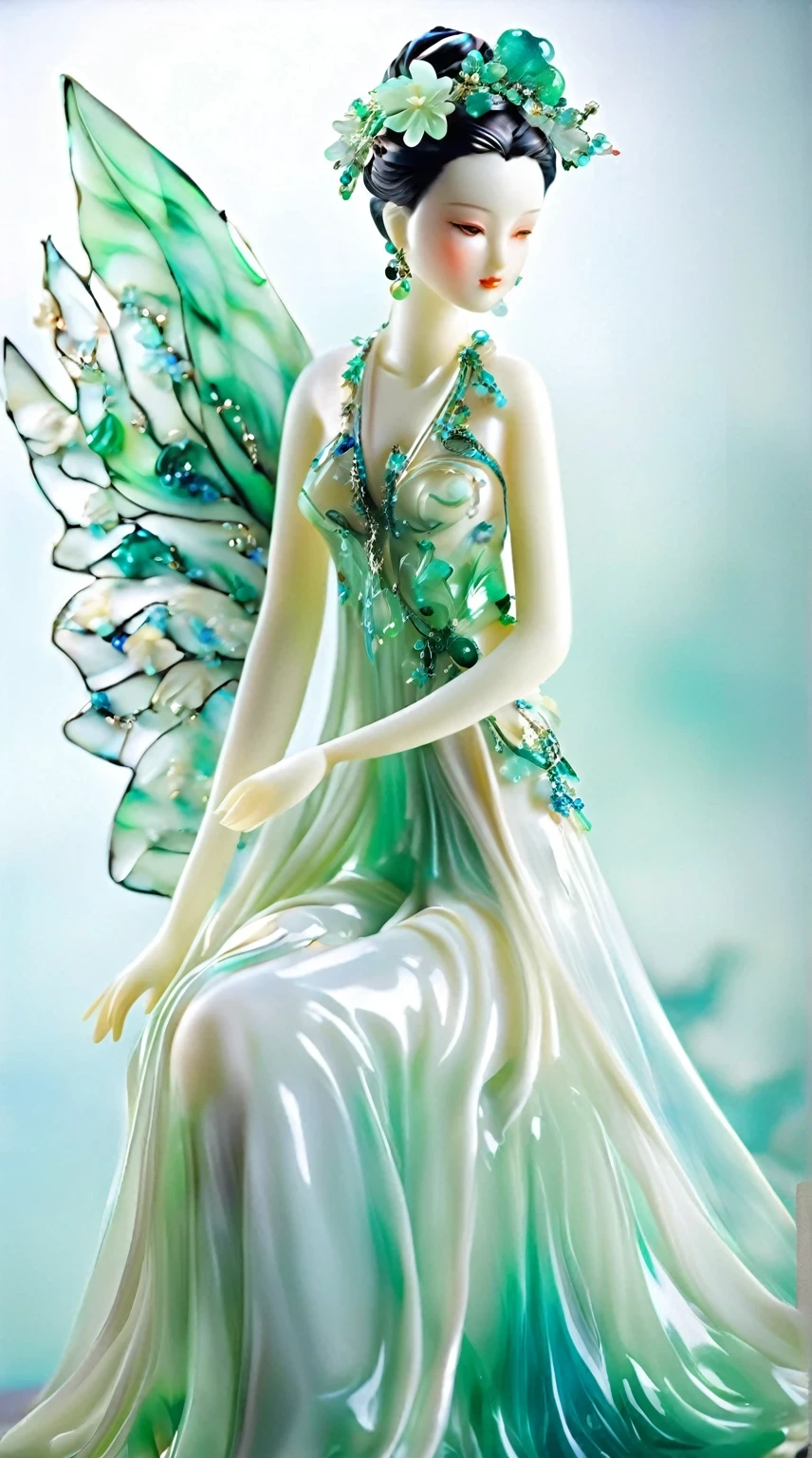 Art jade doll,
An elegant and ethereal glass fairy, adorned with enriched details of emerald green and aquamarine hues, wearing an extra white gown that flows gracefully around her form. She is captured in the mixed up of Midm clothing grade, , captured by the best camera on Eau" The artwork includes a capturing blend of elegance and enhancement, showcasing equity craftsmanship.