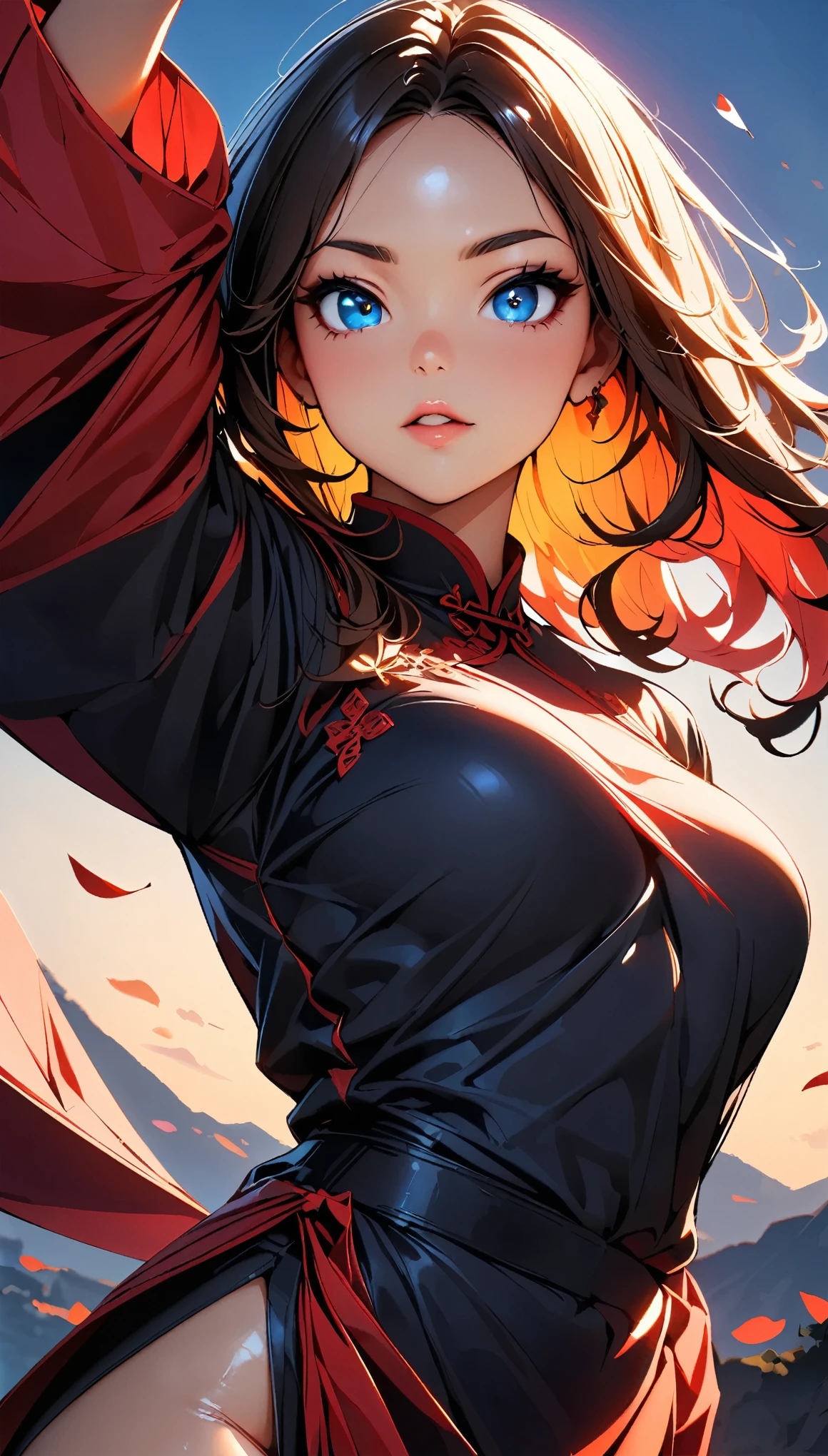 (highest quality:1.2, Very detailed, Latest, Vibrant, Ultra-high resolution, High Contrast, masterpiece:1.2, highest quality, Best aesthetics), (Small face), (Very detailedな肌:1.2), One Woman, beautiful girl, Beautiful Face, A girl in a Chinese dress practicing kung fu, Beautiful detailed eyes, Beautiful detailed lips, Very detailedな目と顔, Long eyelashes, martial arts expert, Strong and agile movements, Flowing sleeves and dress, Graceful posture, Training in a serene garden at dawn, wood々Sunlight shining through, Subtle shadows that add depth to the scene, Delicate flowers blooming in the background, Traditional Chinese architecture in the distance, Dynamic pose mid-jump, Powerful kicks and punches, Expressive faces showing determination and focus, Cowboy Shot:1.2, Colorful embroidery on the dress adds vibrancy, A harmonious color palette dominated by red and gold, Green tips from garden leaves, Soft, warm lighting creates a tranquil atmosphere.