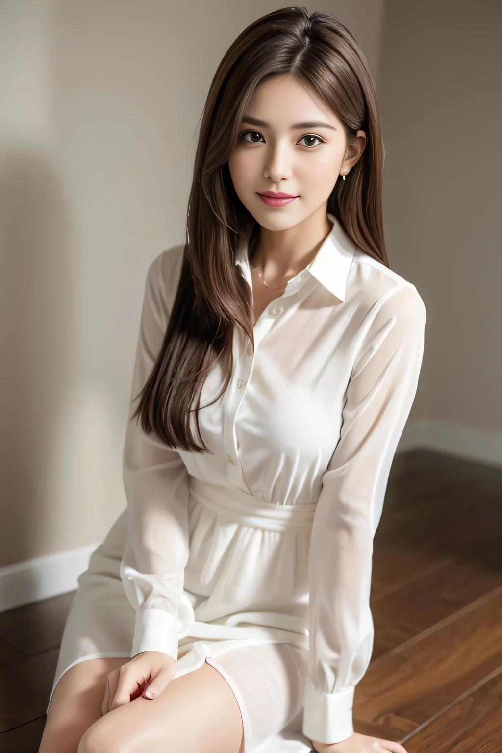 (RAW Photos), (Realistic), (masterpiece), (highest quality), High resolution, 8k, (Intricate details), (Volumetric Light), Portraiture, woman, Age 25, Medium Hair, Straight hair, Layered Hair, Brown Hair, Very beautiful eyes, Source order, Very thin eyebrows, Very fine skin, Very beautiful mouth, Very nice nose, Cute like an idol,smile,valley, (Looking at the audience), (Collared dress shirt), Above the knee shot,Slender figure、