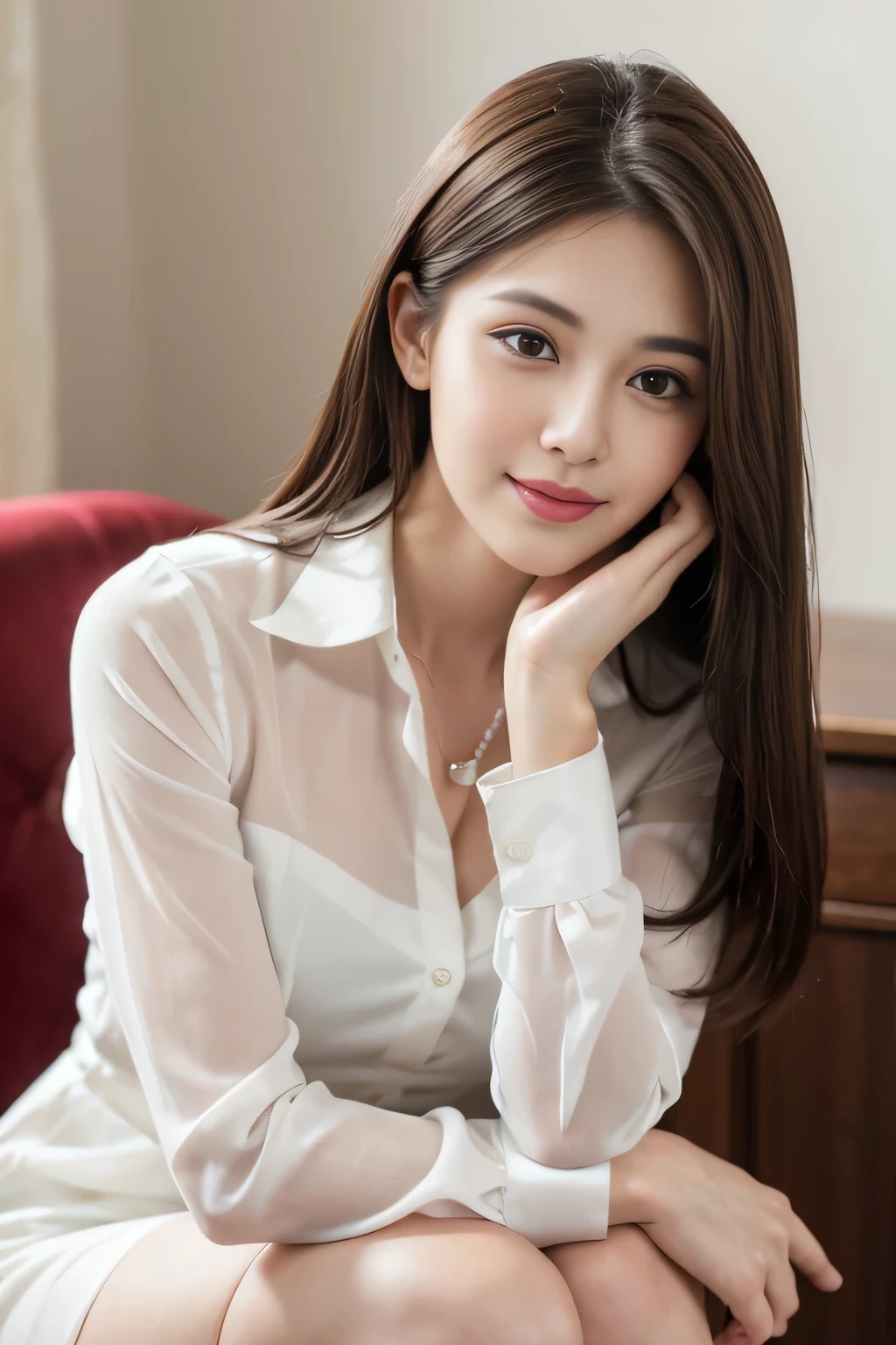 (RAW Photos), (Realistic), (masterpiece), (highest quality), High resolution, 8k, (Intricate details), (Volumetric Light), Portraiture, woman, Age 35, Medium Hair, Straight hair, Medium Chest, Layered Hair, Brown Hair, Very beautiful eyes, Source order, Very thin eyebrows, Very fine skin, Very beautiful mouth, Very nice nose, Cute like an idol, smile, (Thick lips), (Looking at the audience), (See-through pearl white collared dress shirt), Above the knee shot