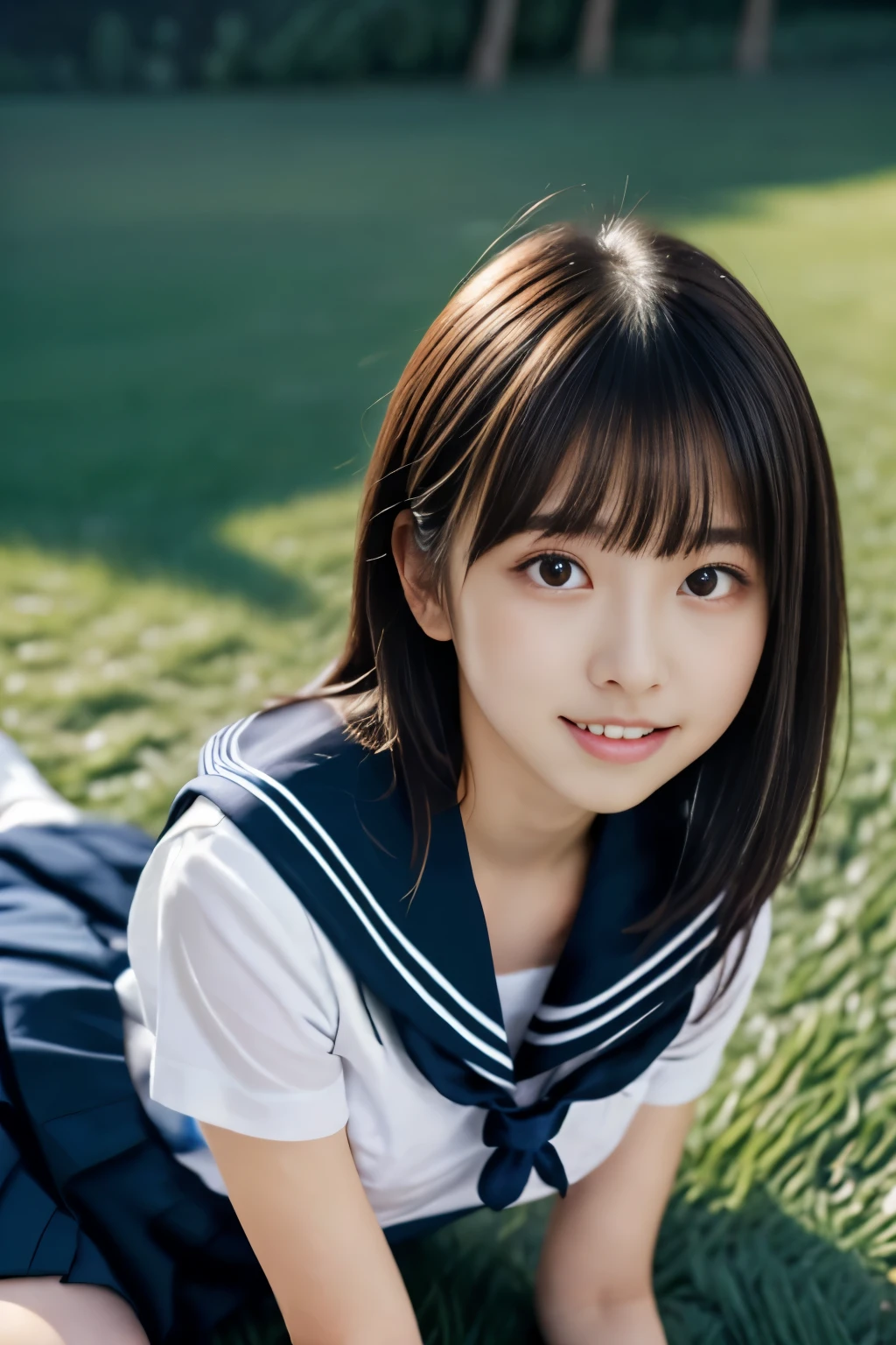 masterpiece, highest quality, 8k, nsfw, 1 girl, (Lie on her back on the grass.:1.4), (19 years old), (Super cute idol-like face:1.2), Delicate girl, Black Hair, Middle bob hair, Straight hair, bangs, View your viewers, Frank, Sophisticated, Professional Lighting, Film Grain,  Upper Body, Beautiful appearance, (Beautiful Japanese countryside in the background、rural), nsfw, (White shirt, Sailor   , Navy pleated mini skirt:1.4), (Small breasts:0.2), (Lying on the grass), 