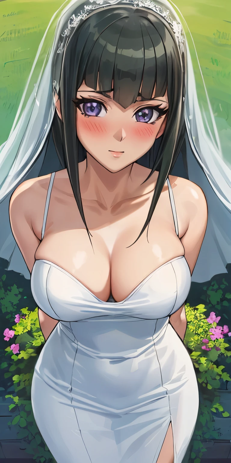 masterpiece, best quality, ultra-detailed, illustration,masterpiece, Best quality, high resolution, high resolution, CC, 1girl, beautiful detailed eyes, looking at viewer in a seductive look, close up, (breast focus), (arms behind back:1.2), (from above:1.1),big sized breasts, attempt to seduce,blush, cleavage ,(wide thighs), (weeding dress), (white dress),(white veil),(tight dress)