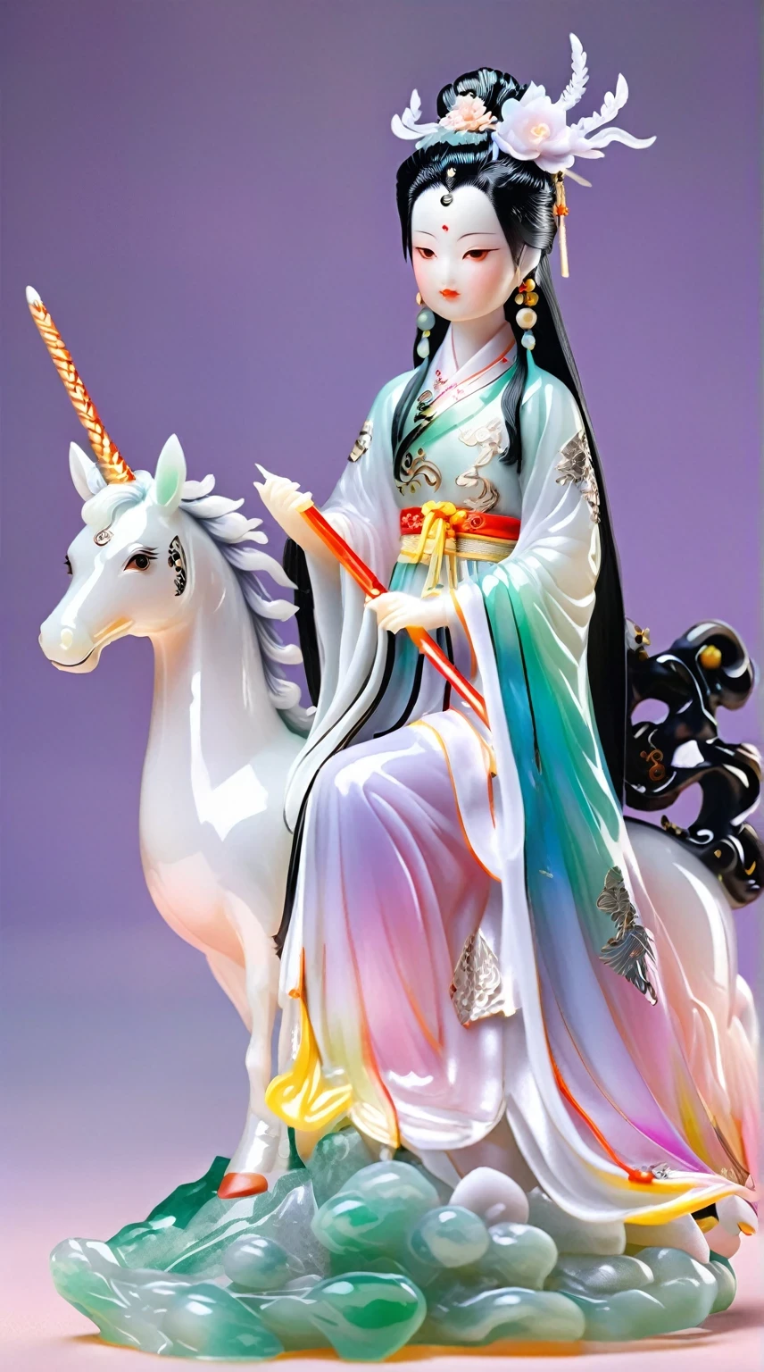 Art jade doll,
Blind box style, full body portrait of a girl on horseback holding a sword in her hand with light purple and pink gradient hair, exquisite facial features, flowing long black hair, wearing an ancient Hanfu, complete with a unicorn head + A white jade dragon horn and scales behind it + delicate carving details + a translucent glass texture + studio lighting + a solid color background + high contrast between cold colors + extremely detailed intricate details + depth of field + high resolution + hyperrealistic + octane render in the style of the artist