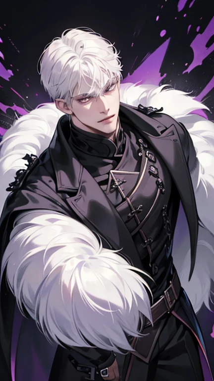 White hair man. Cool. Naughty. Grinning. Canine teeth visible. Dark knight. All black outfit with purple secondary color. Black prince. Very cool. Tall and handsome. All hands down. North duke type. Masculine. Stocky. Solo. Hd. Detail