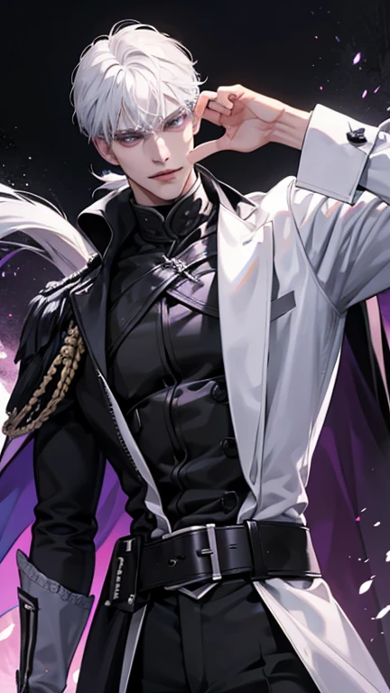 White hair man. Cool. Naughty. Grinning. Canine teeth visible. Dark knight. All black outfit with purple secondary color. Black prince. Very cool. Tall and handsome. All hands down. North duke type. Masculine. Stocky. Solo. Hd. Detail