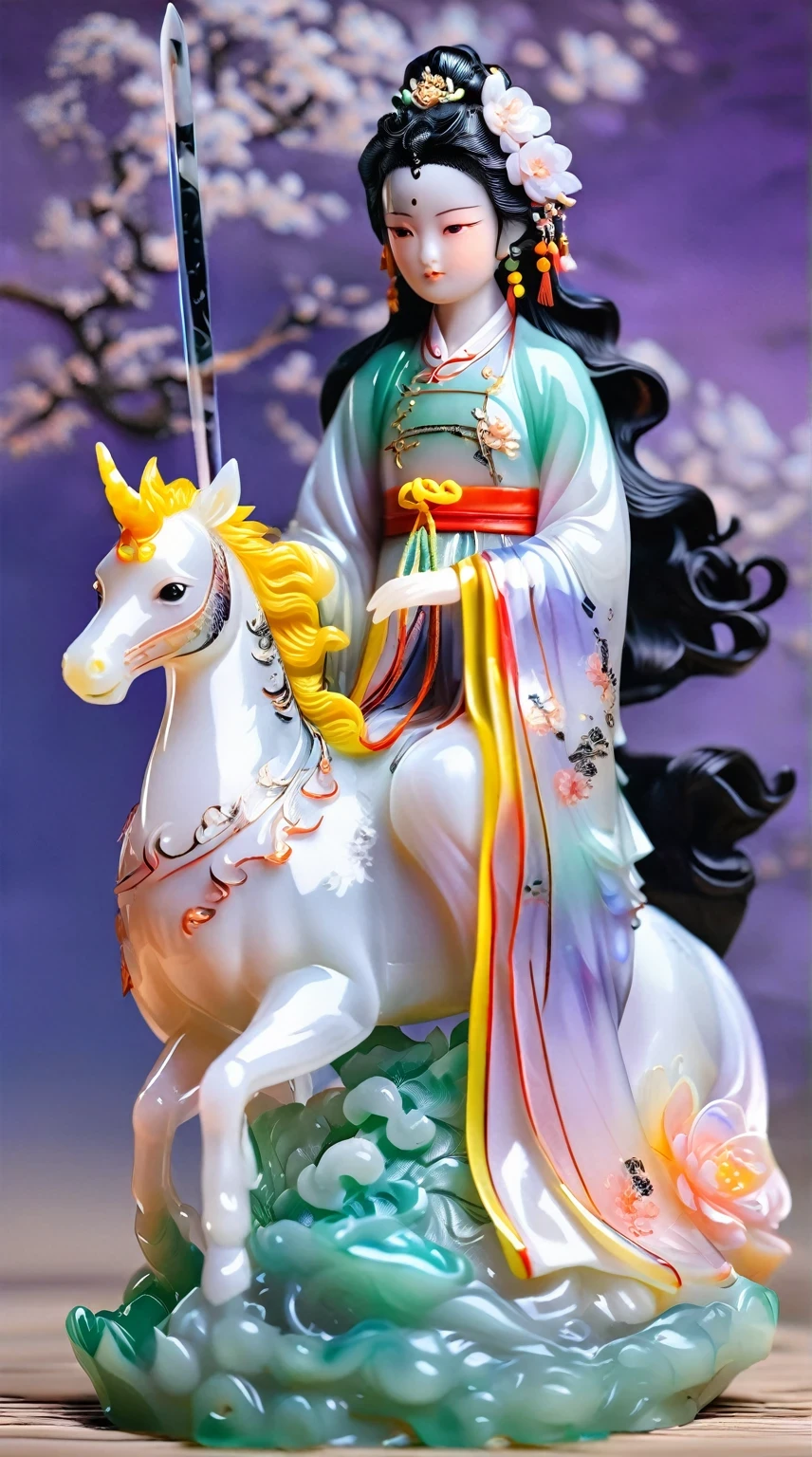 Art  jade doll，
Blind box style, full body portrait of a girl on horseback holding a sword in her hand with light purple and pink gradient hair, exquisite facial features, flowing long black hair, wearing an ancient Hanfu, complete with a unicorn head + A white jade dragon horn and scales behind it + delicate carving details + a translucent glass texture + studio lighting + a solid color background + high contrast between cold colors + extremely detailed intricate details + depth of field + high resolution + hyperrealistic + octane render in the style of the artist 