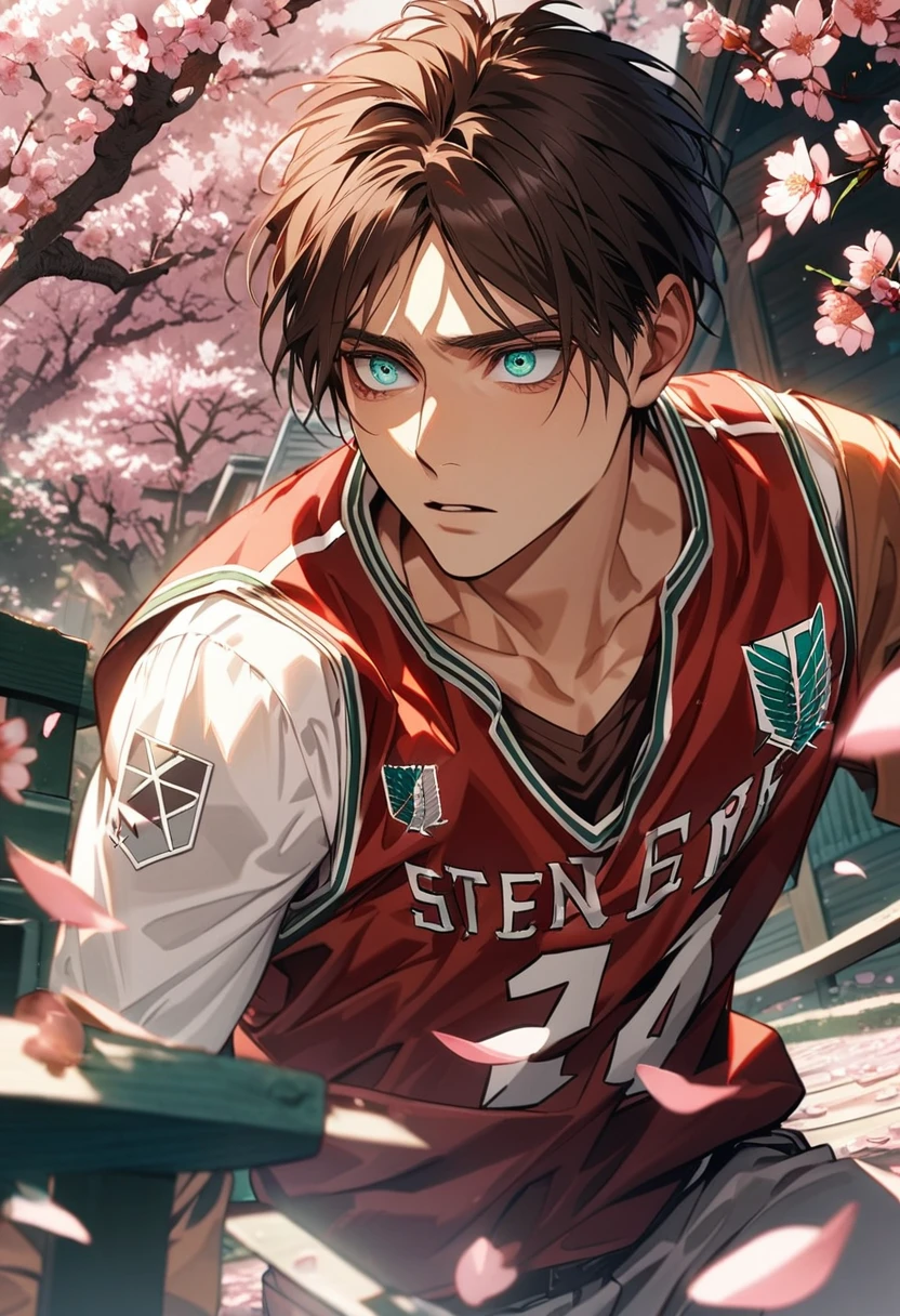 Ultra detailed, HDR, Highres, absurdres, master piece, Eren Jeager, brown hair, expressive turquoise eyes, Shingeki No Kyojin, blossoms, petals, basketball uniform, spring, cherry blossoms, sexy man, solo, extremely detailed face and eyes, handsome,