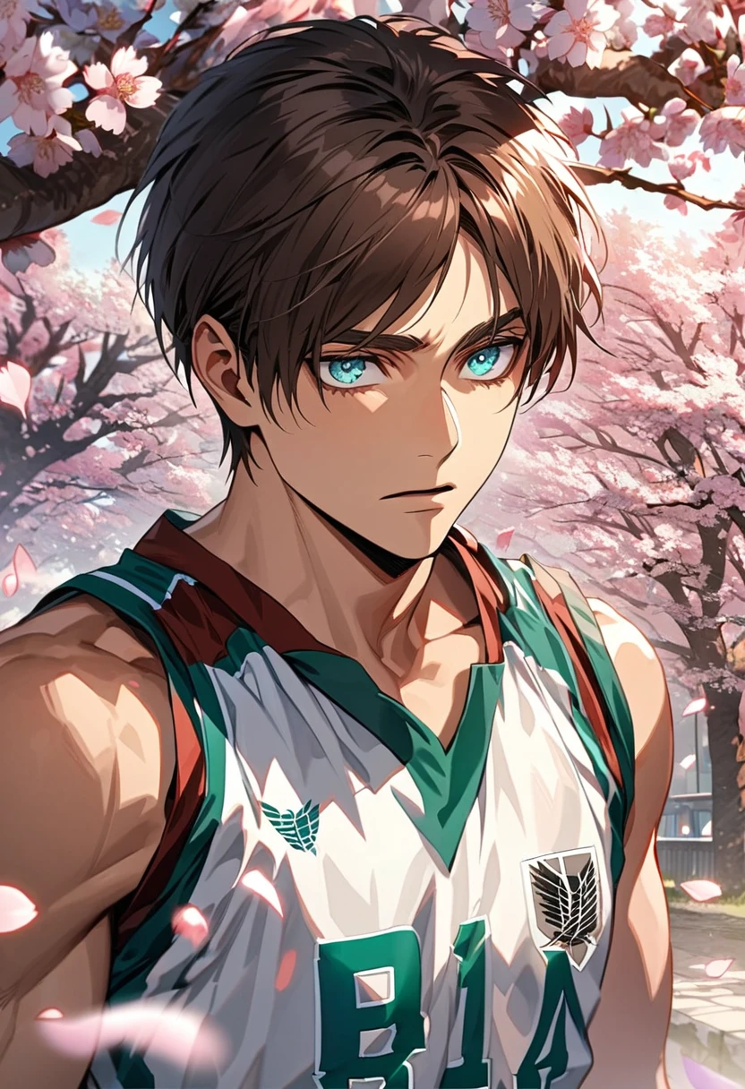 Ultra detailed, HDR, Highres, absurdres, master piece, Eren Jeager, brown hair, expressive turquoise eyes, Shingeki No Kyojin, blossoms, petals, basketball uniform, spring, cherry blossoms, sexy man, solo, extremely detailed face and eyes, handsome,