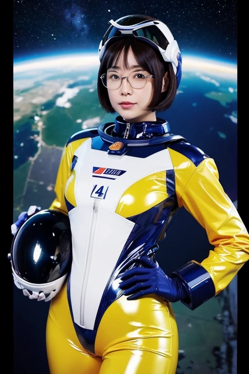 Beautiful woman、A space suit that fits perfectly、store、Plump、Zero gravity space、Gundam、Normal Suit、Photorealistic、Masterpiece、4K resolution、Shiny latex、Slim glasses in the frame、Hold the helmet in your right hand、belt、short hair、income、