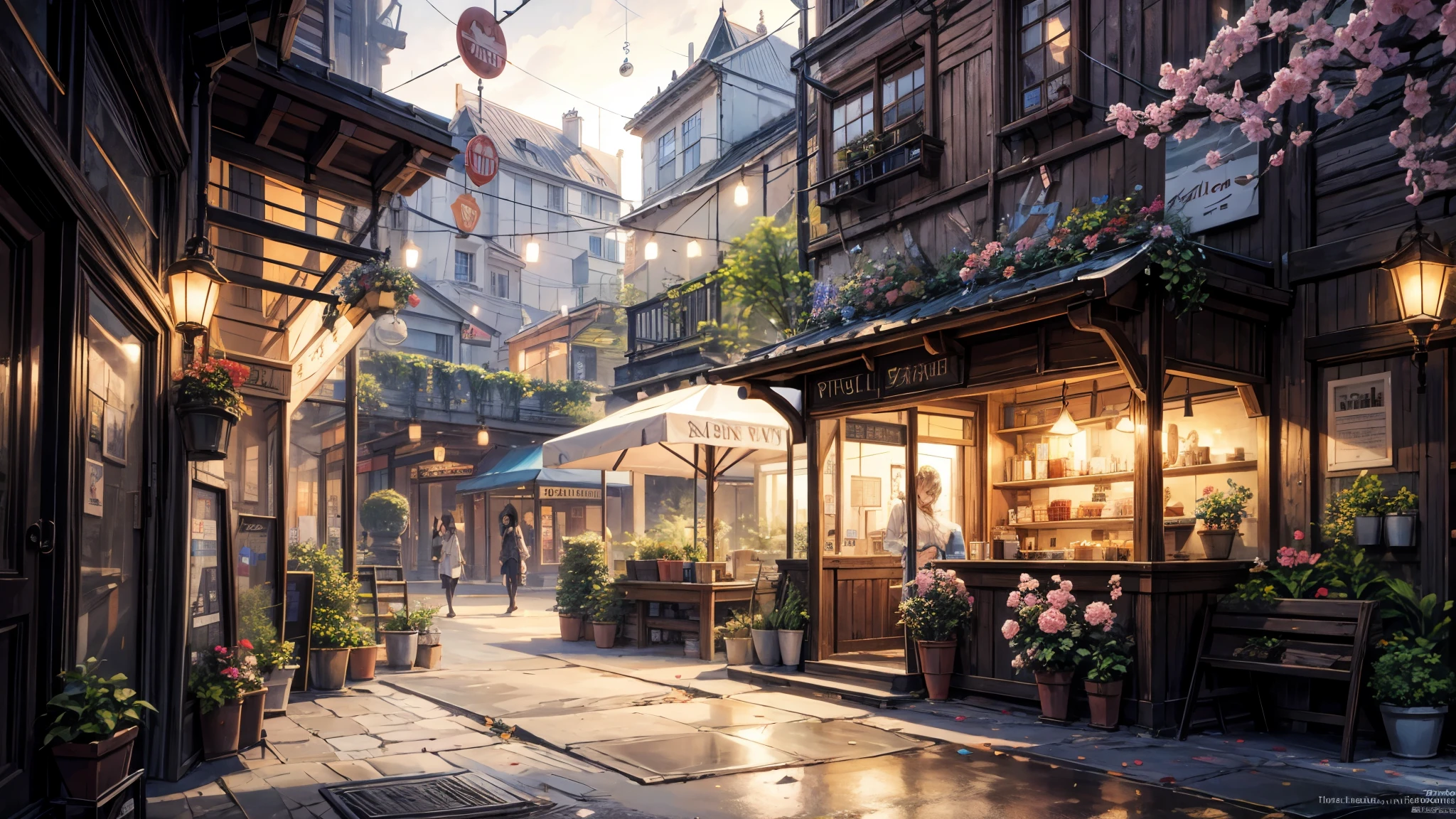 there is a street with many flowers and plants on it, unreal engine ; romantic theme, cozy cafe background, city street cinematic lighting, pleasant cozy atmosphere, gorgeous atmosphere, flower shop scene, magical atmosphere, dreamy atmosphere, beautiful atmosphere, photorealistic streetscape, beautiful render of a fairytale, beautiful digital artwork, beautiful ambience, beautiful ambiance, a bustling magical town