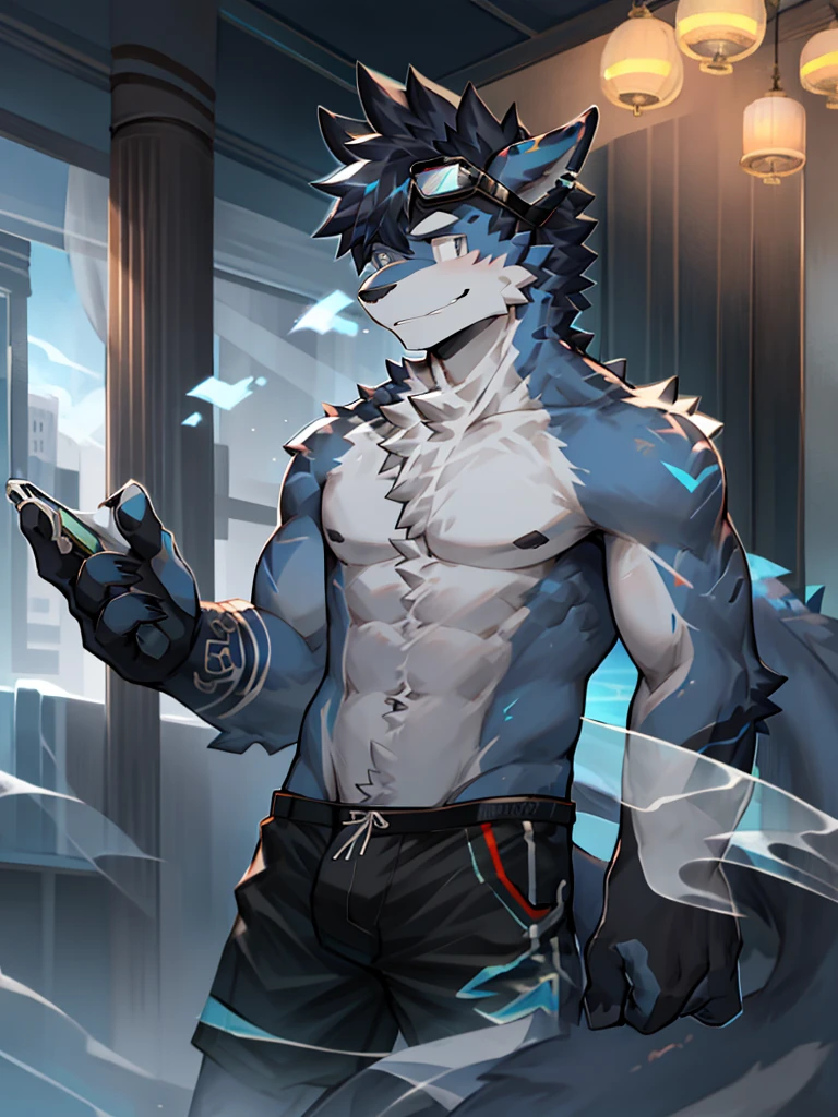 Chinese dragon boy，Gray fur，Topless, mammal, hairy，Gray Eyes，upscale hotel，Blue and black gradient swimming trunks quality，black fingerless gloves，goggles