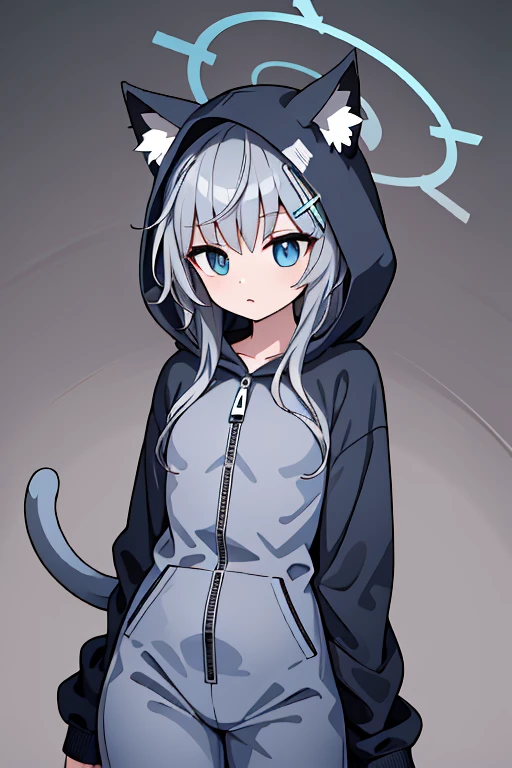 shiroko_bluearchive,slim, dizzy, big-chest, wide hips, perfect waist, PajamAnimal,animal ears, grey hair, cat ears, hood, hoodie, animal hood, animal costume, cat hood, cat costume, pajamas, cat tail,