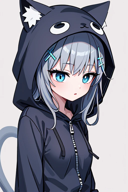 shiroko_bluearchive,slim, dizzy, big-chest, wide hips, perfect waist, PajamAnimal,animal ears, grey hair, cat ears, hood, hoodie, animal hood, animal costume, cat hood, cat costume, pajamas, cat tail,