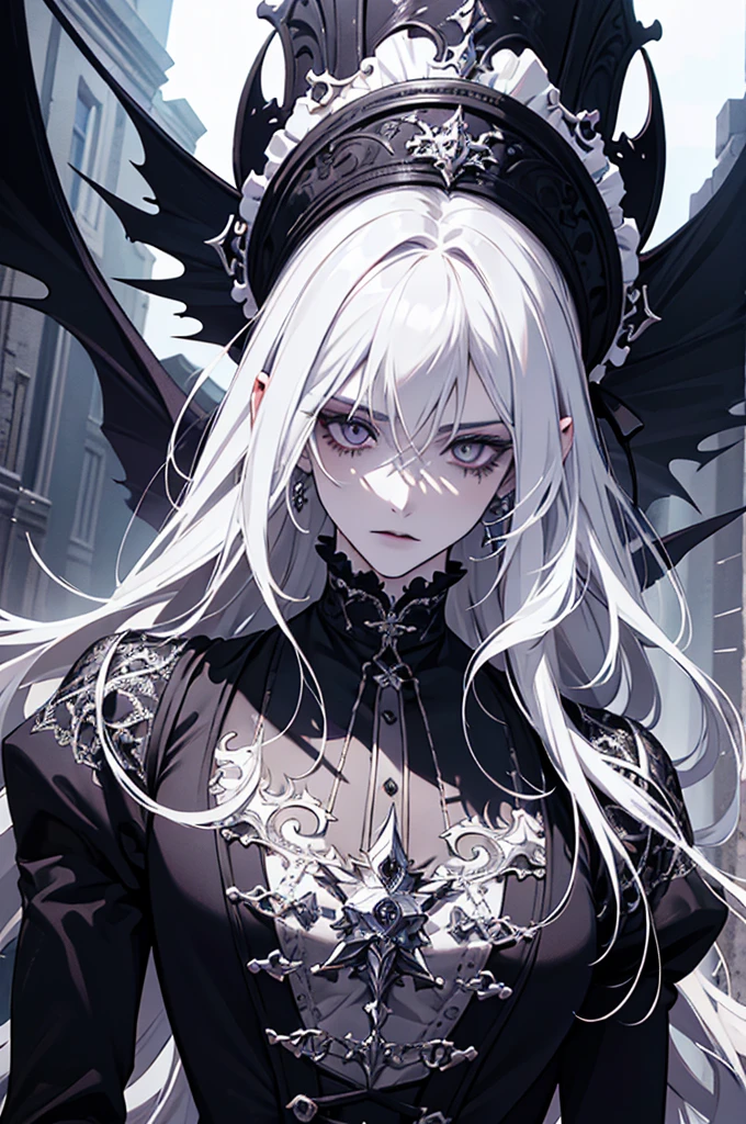 Insanely detailed photograph of a gorgeous vampire man, goth Renaissance, long voluminous white hair, intricate white eyes, fantastical, vampire, ethereal, hyperdetailed, 32k resolution, dynamic lighting, hyperdetailed, intricately detailed, trending on Artstation, triadic colors, volumetric lighting, BalenciagaStyle, 1 male