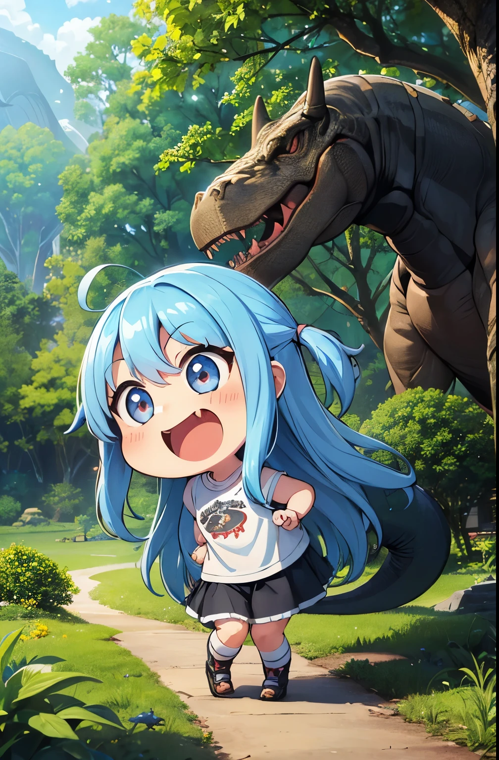 (girl), (t-rex, Tyrannosaurus head:1.3)、Light blue long hair、 Twin-tailed Chibi Character、Platinum Skin, Surprised smile, Primitive Earth、 Big tree, Little dinosaur、Large chibi character in the center