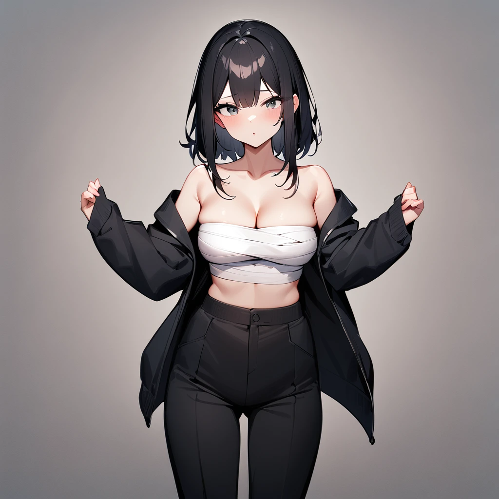 nsfw,1girl,(black hair:1.3),front view,chest_sarashi only,best quality,very aesthetic,absurdres,slacks,cowboy shot,cleavage,side-locks,looking at viewer,under