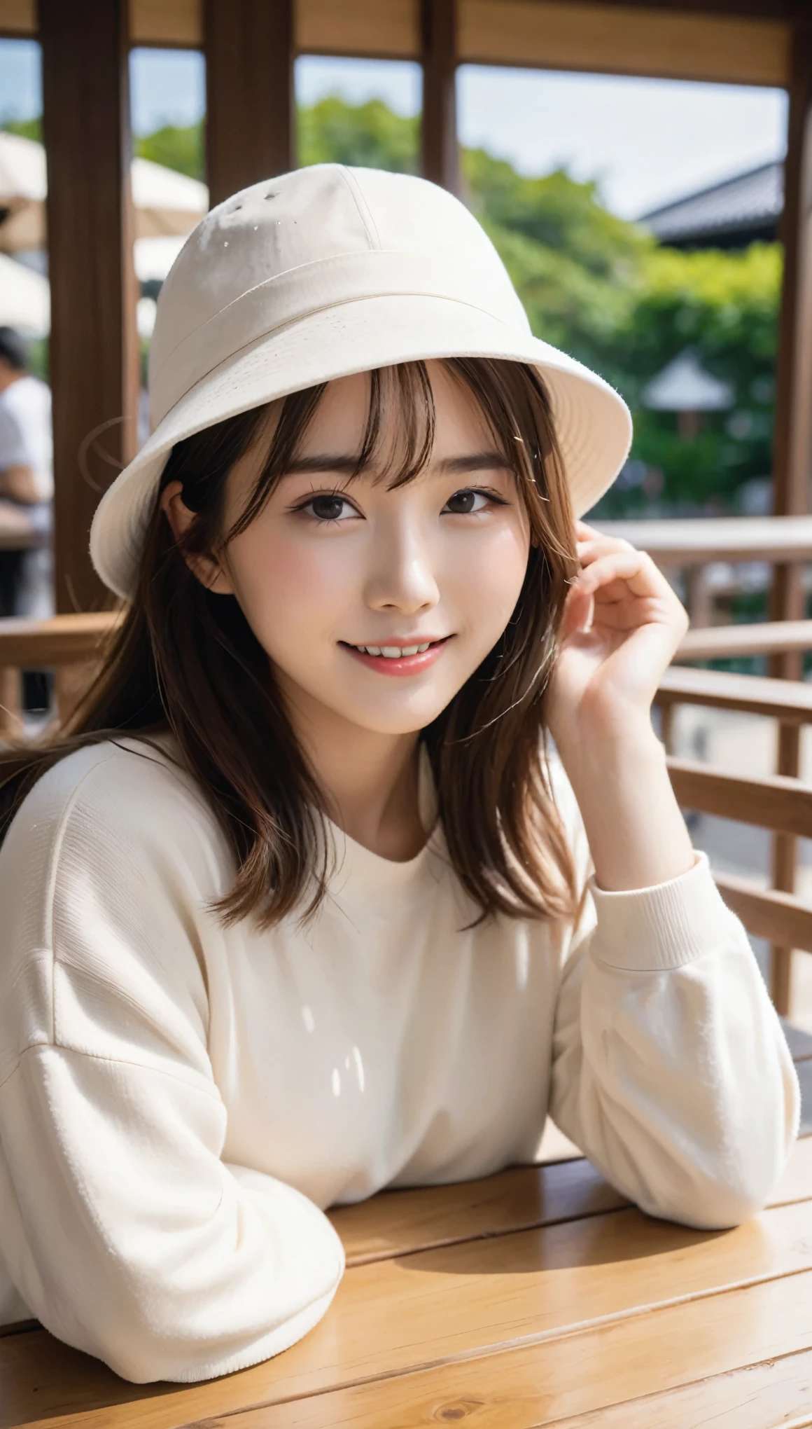 masterpiece,best quality,(Japanese ),((Beautiful girl)),cleavage,(perfect body beauty:1.2),(shy smile),beautiful teeth,(hat),(Shibuya scramble crossing),light colored hat,