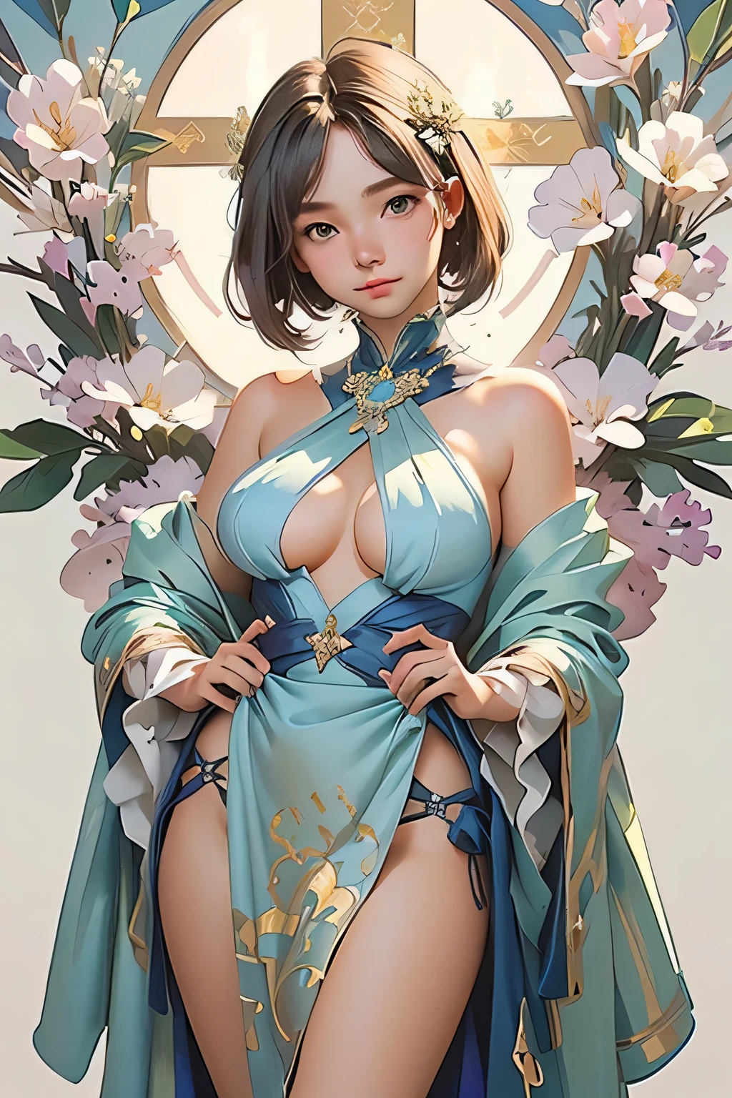 Busty woman with big breasts in blue dress, Popular on artstation pixiv, Guweiz on Pixiv ArtStation, Guweiz on Artstation Pixiv, Beautiful and charming anime woman, Alphonse Mucha and Ross Draf, anime goddess, Extremely detailed artger, Ross trans style, Digital art on pixiv